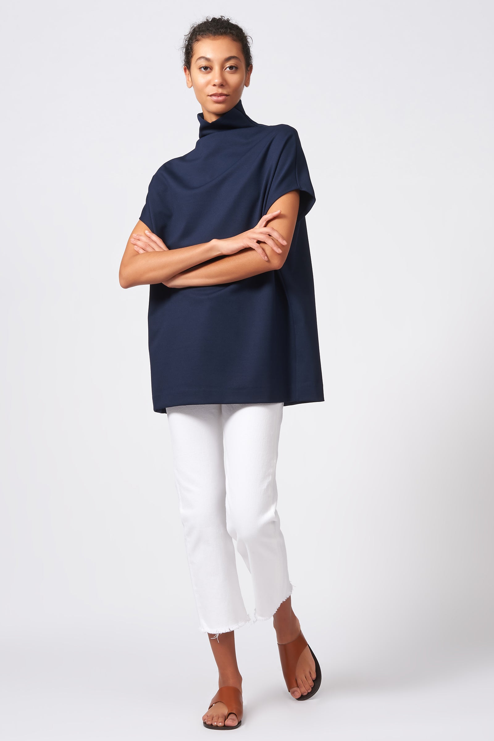 Kal Rieman Ponte Funnelneck in Navy on Model Full Front View