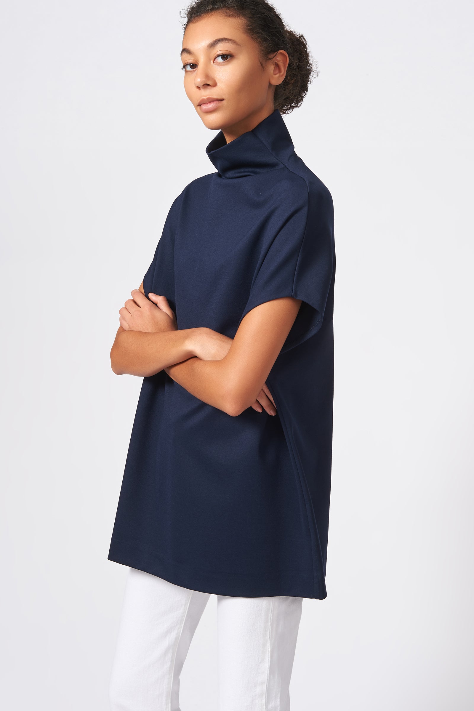 Kal Rieman Ponte Funnelneck in Navy on Model Front Side View