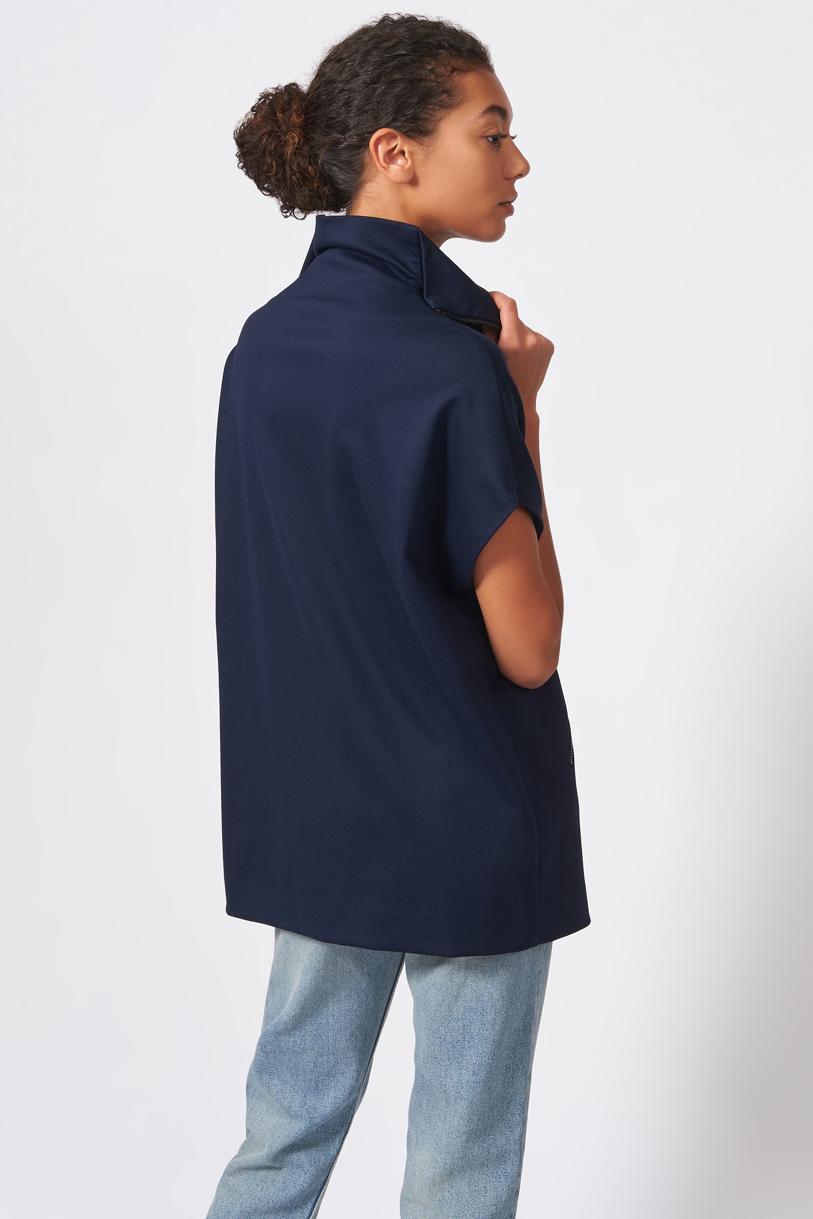 Kal Rieman Ponte Zip Mock Cardigan in Navy on Model Back View