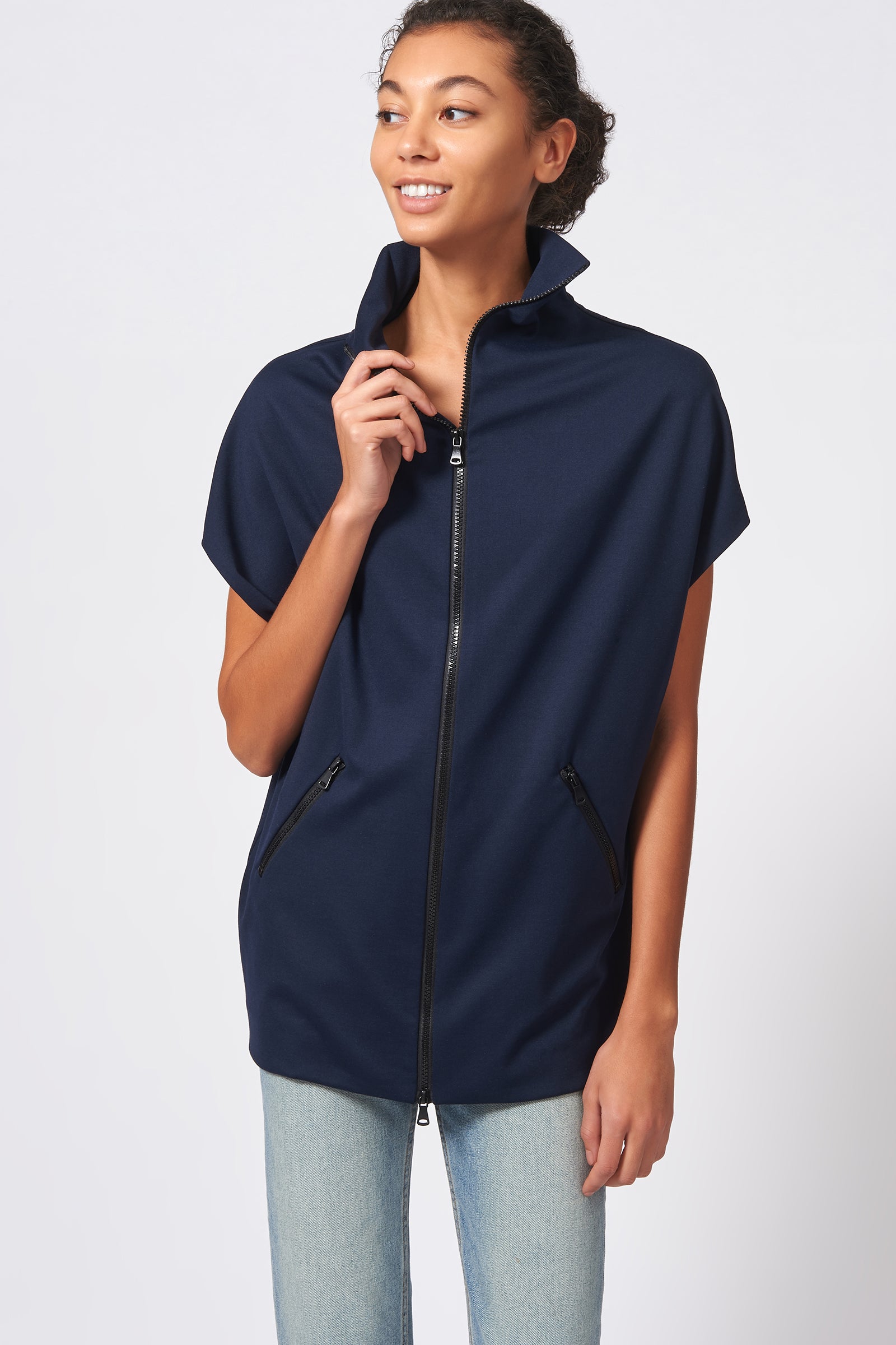 Kal Rieman Ponte Zip Mock Cardigan in Navy on Model Front View