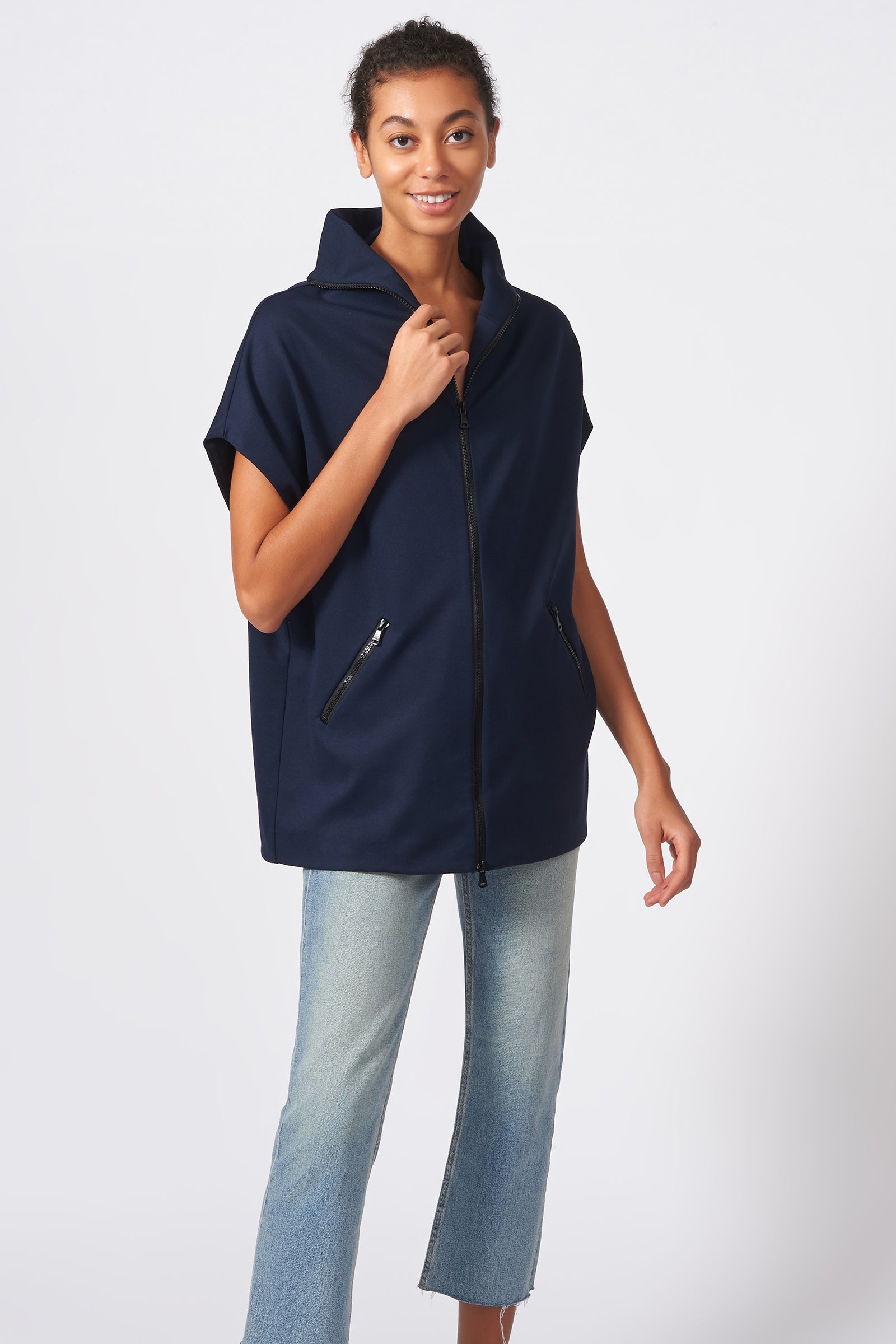 Kal Rieman Ponte Zip Mock Cardigan in Navy on Model Front View