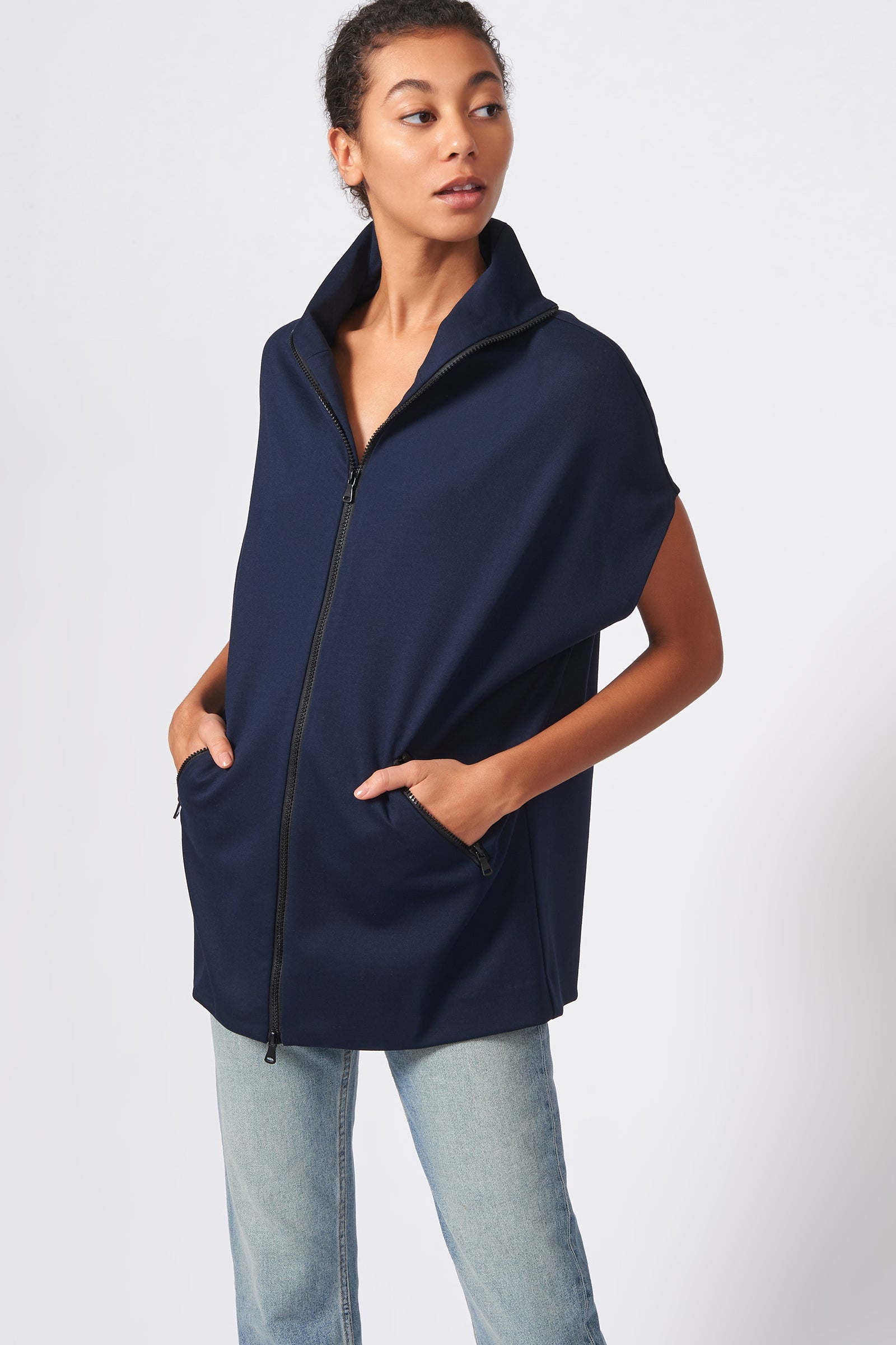 Kal Rieman Ponte Zip Mock Cardigan in Navy on Model Front View