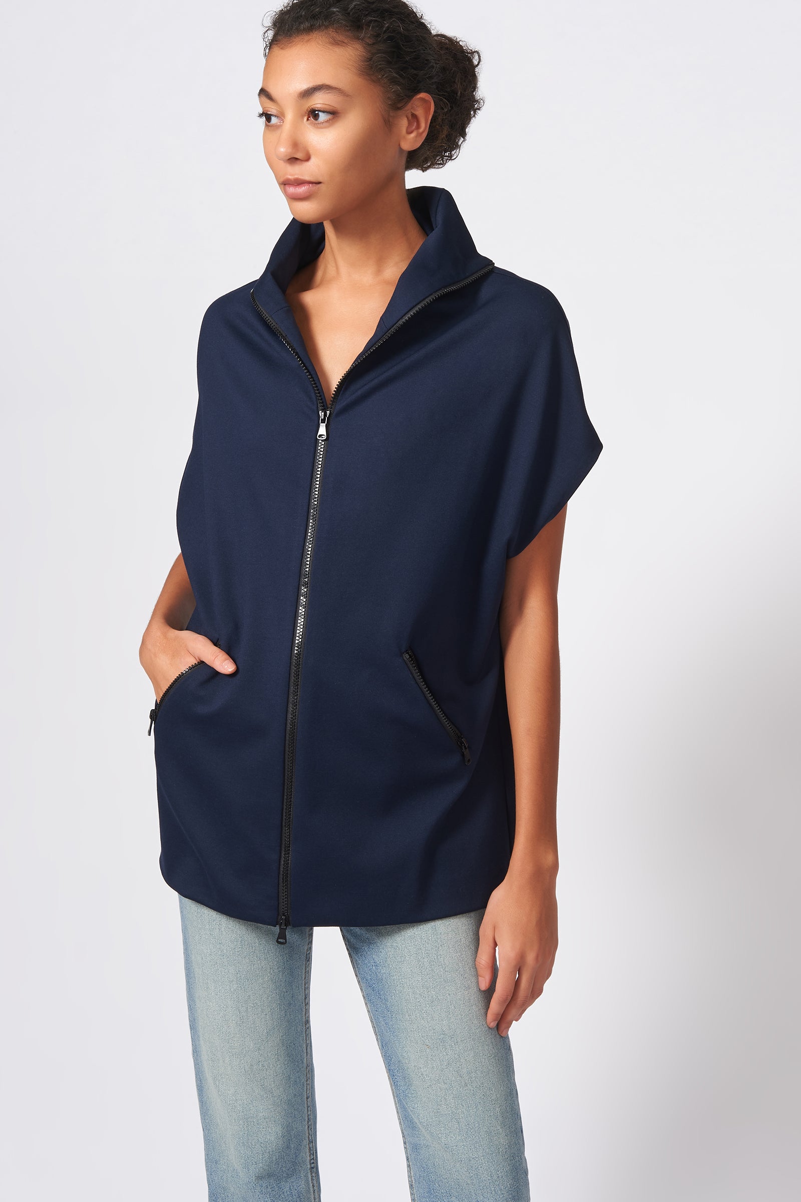 Kal Rieman Ponte Zip Mock Cardigan in Navy on Model Front View