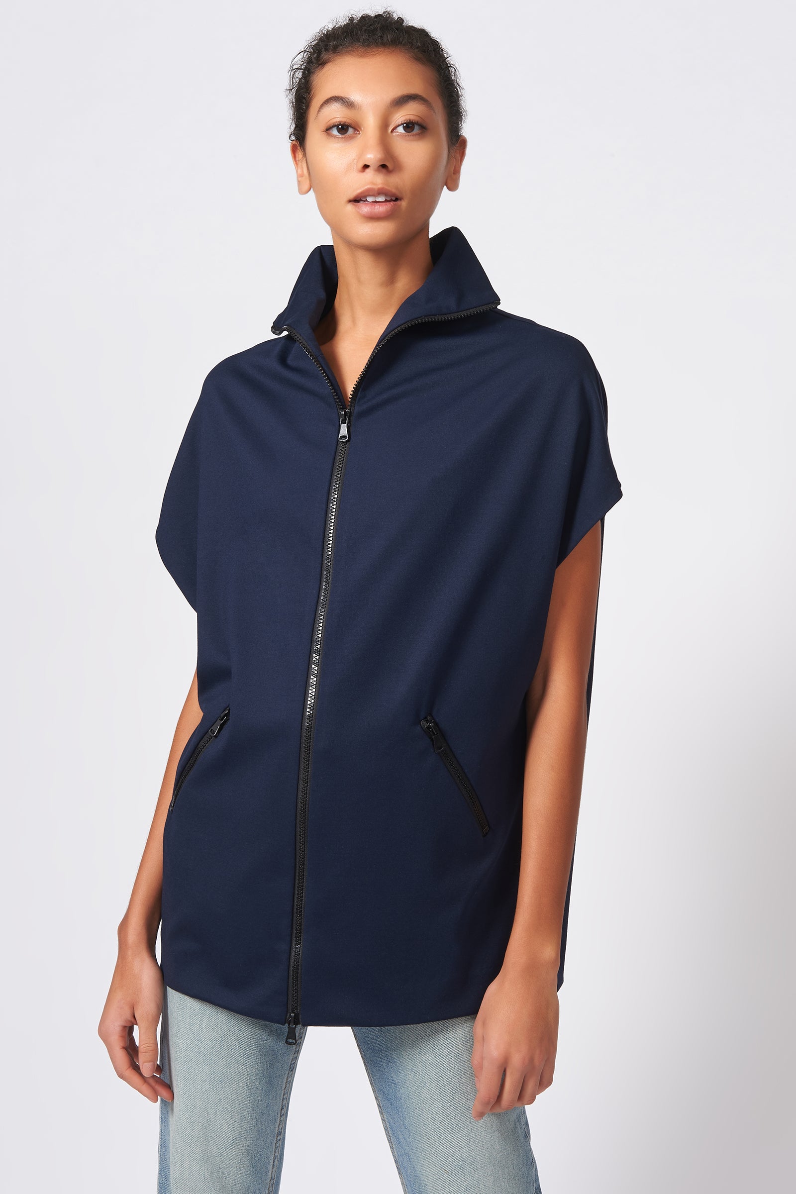 Kal Rieman Ponte Zip Mock Cardigan in Navy on Model Front View