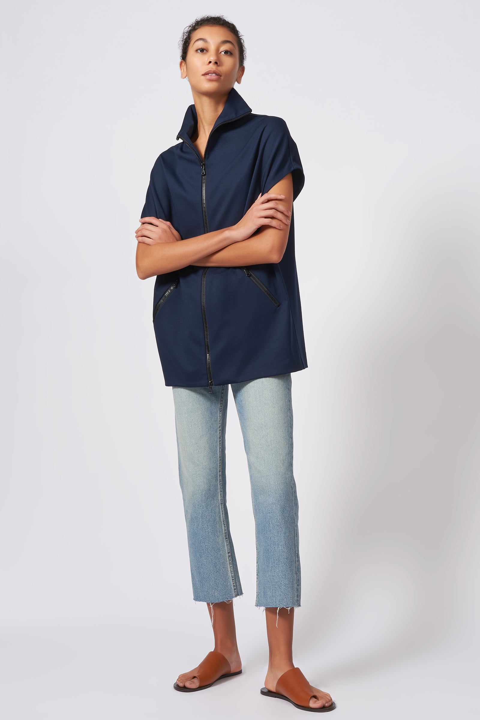 Kal Rieman Ponte Zip Mock Cardigan in Navy on Model Full Front View