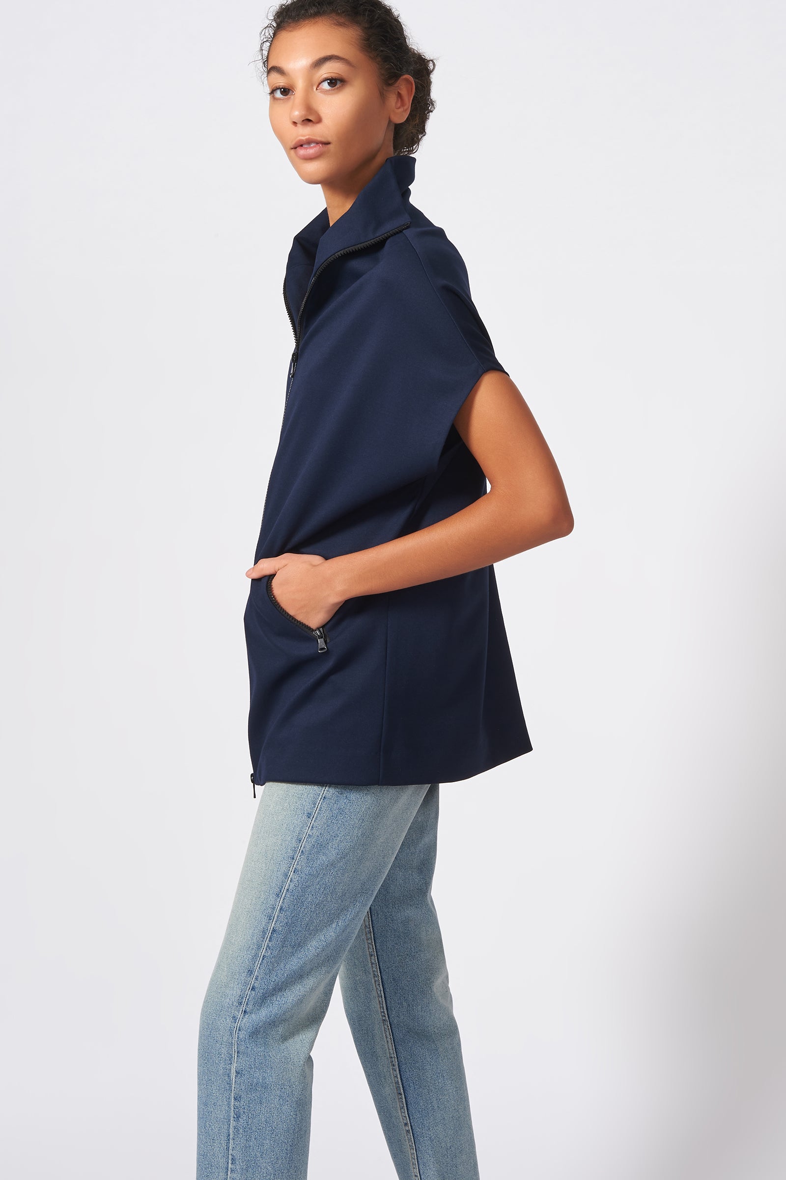 Kal Rieman Ponte Zip Mock Cardigan in Navy on Model Side View