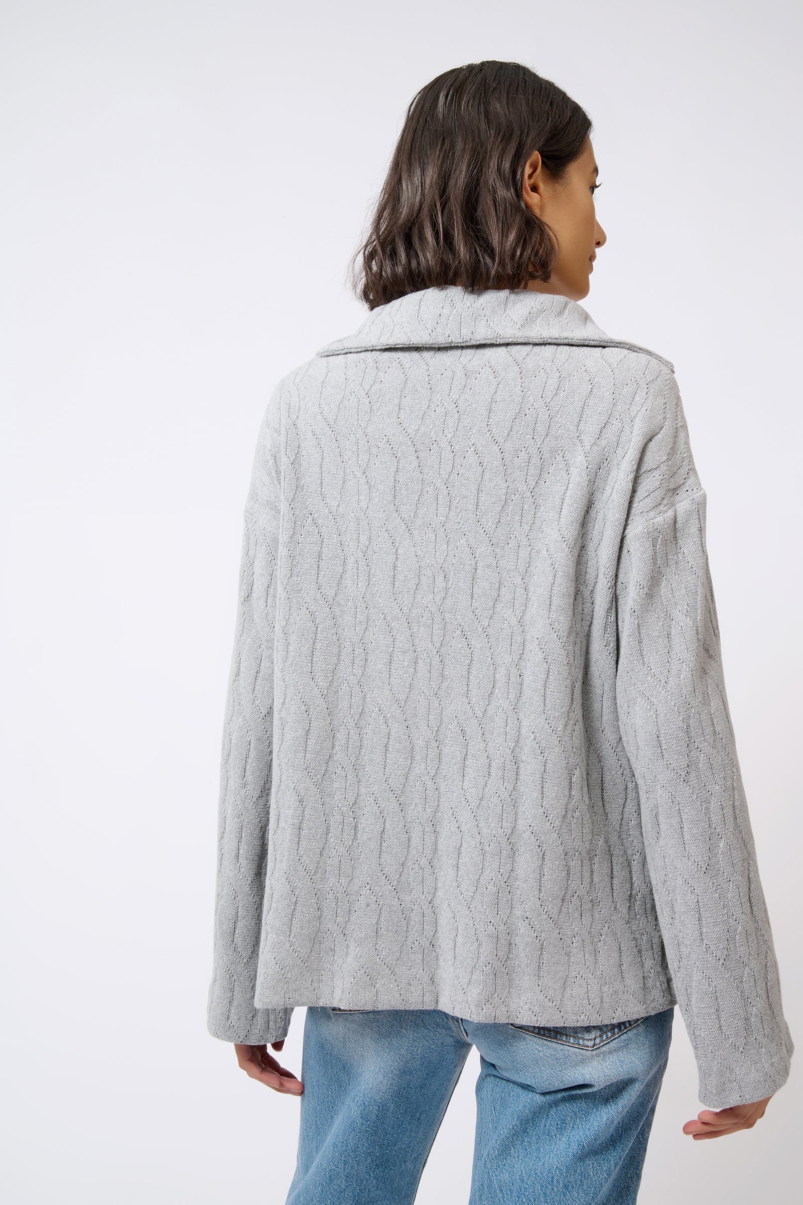 Kal Rieman Sandra Collared Zip Pullover Cable Knit in Grey on Model Back View