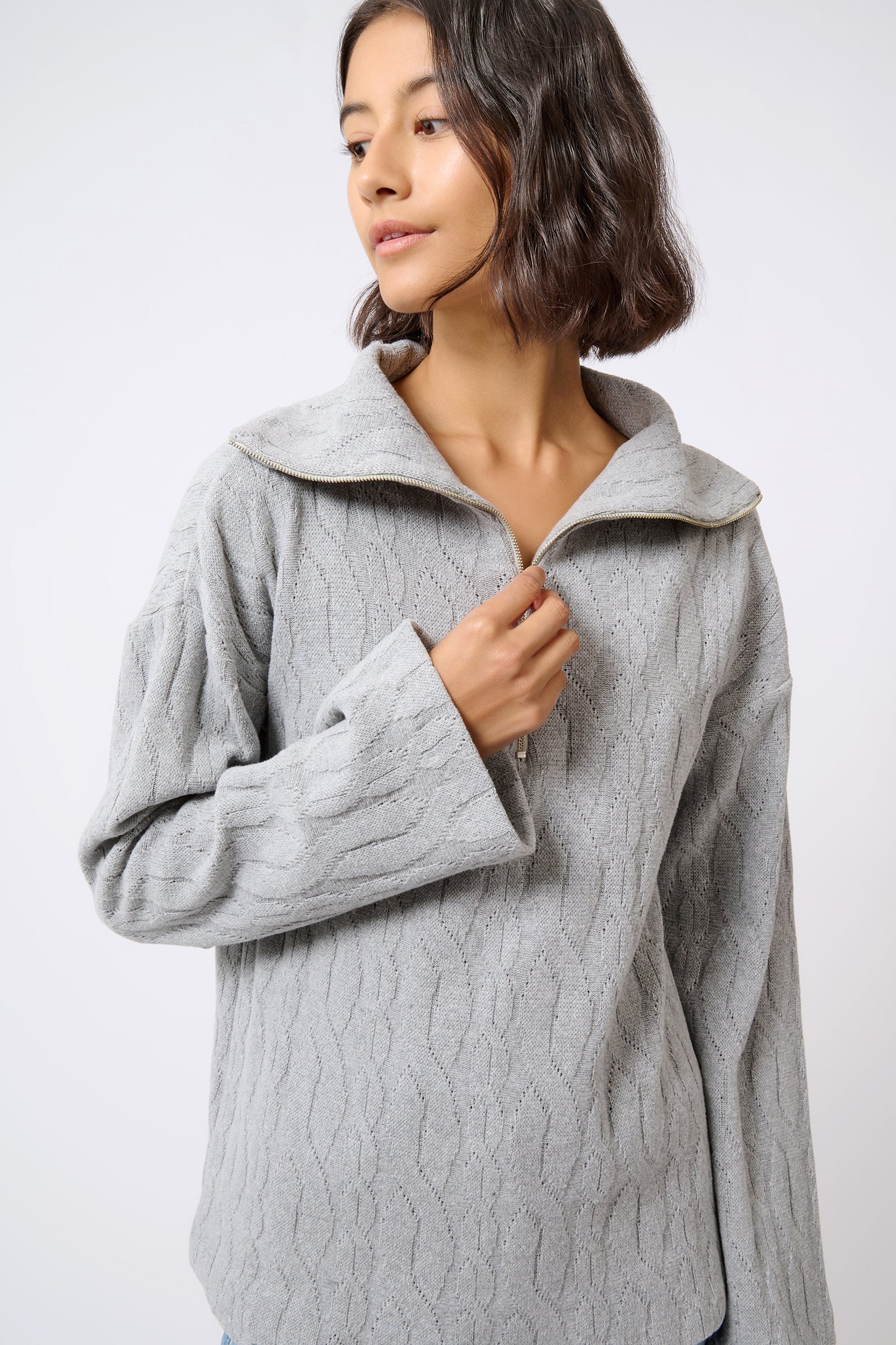 Kal Rieman Sandra Collared Zip Pullover Cable Knit in Grey on Model Detailed Front View