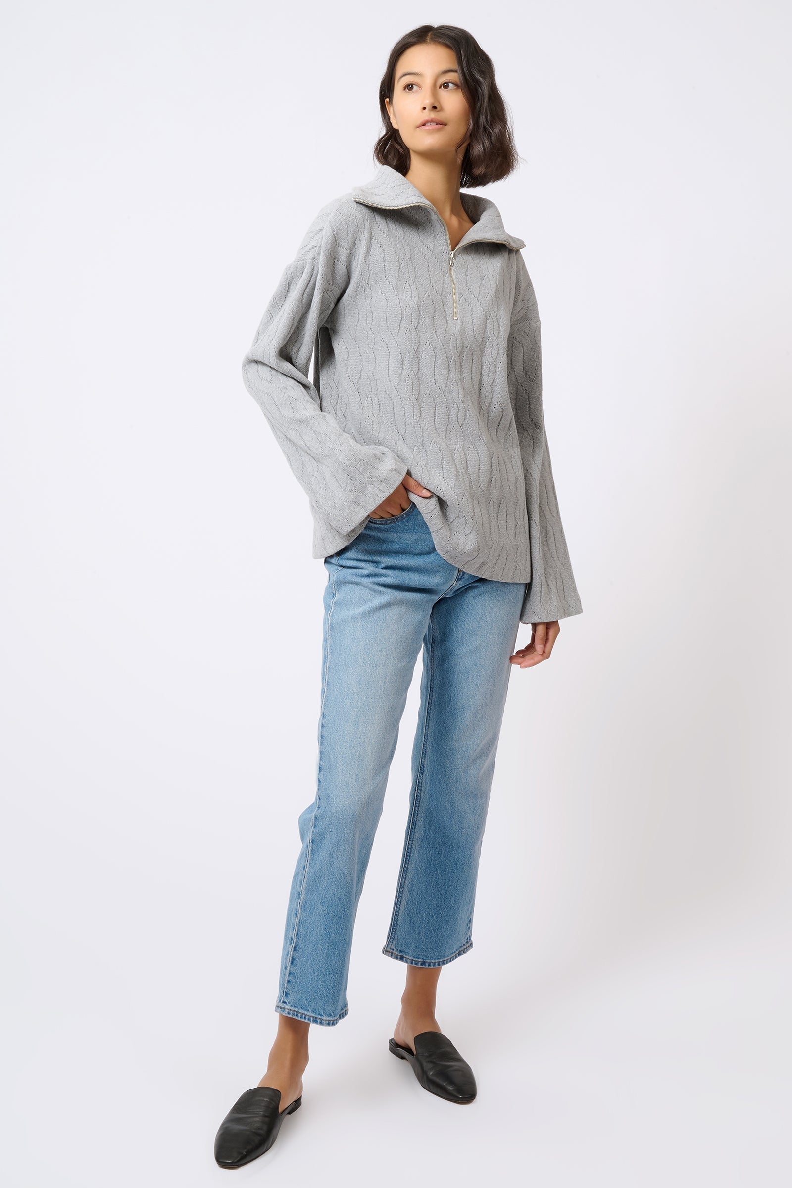 Kal Rieman Sandra Collared Zip Pullover Cable Knit in Grey on Model Full Front View