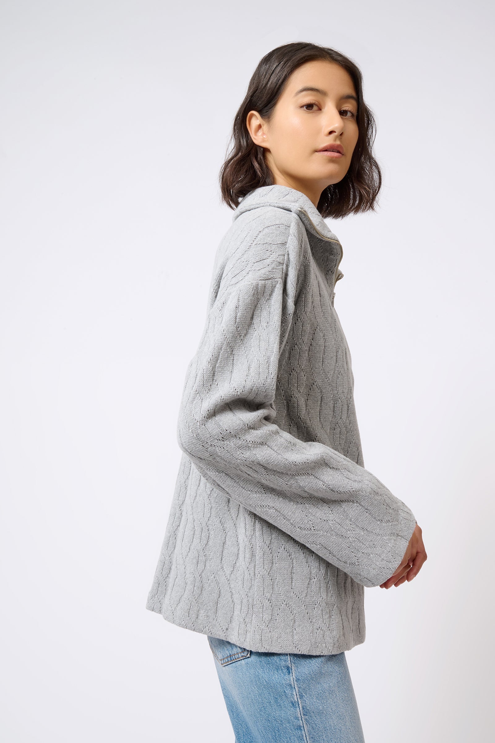 Kal Rieman Sandra Collared Zip Pullover Cable Knit in Grey on Model Side View