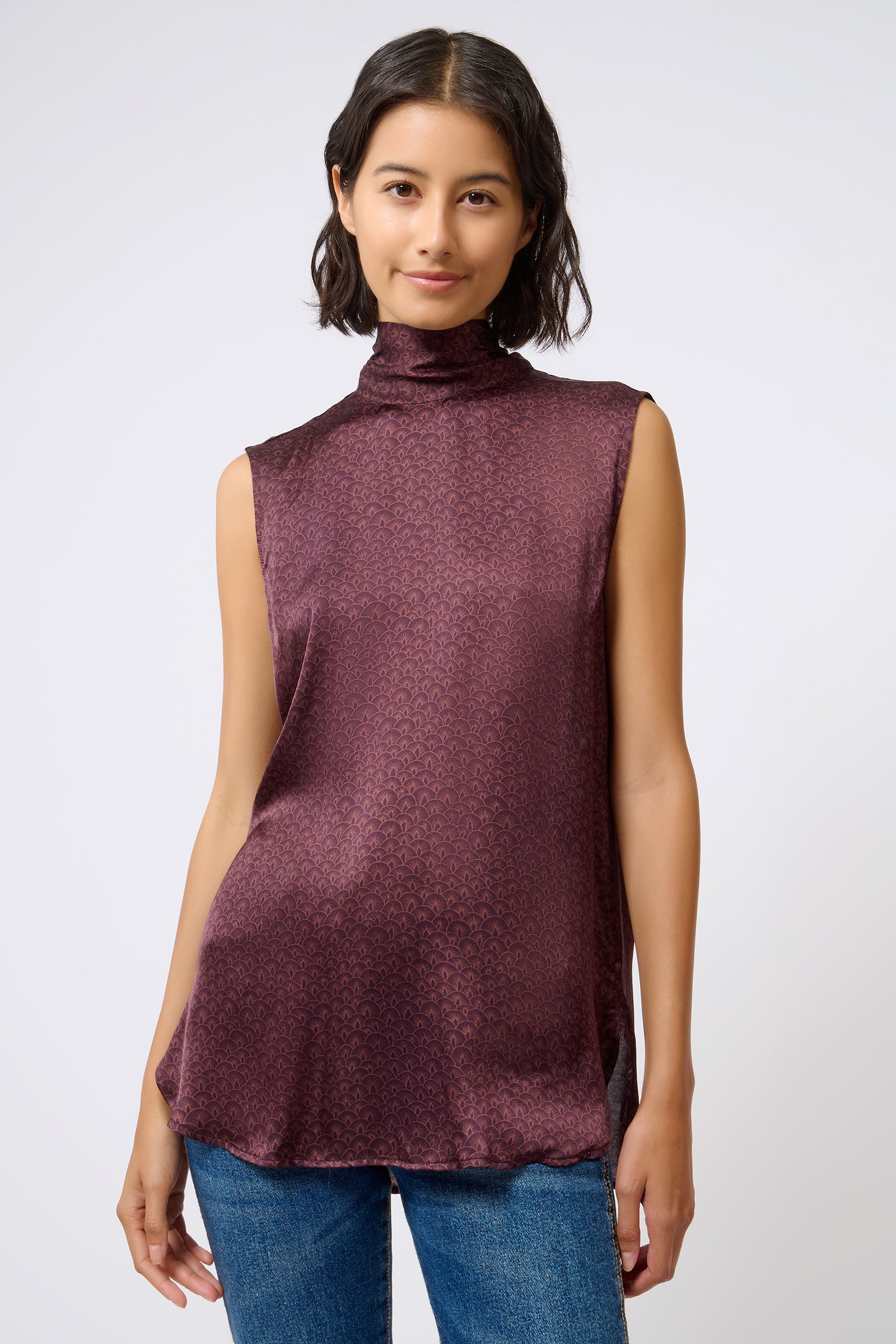 Kal Rieman Scarf Shell in Luna Bordeaux Print on Model Smiling Front View