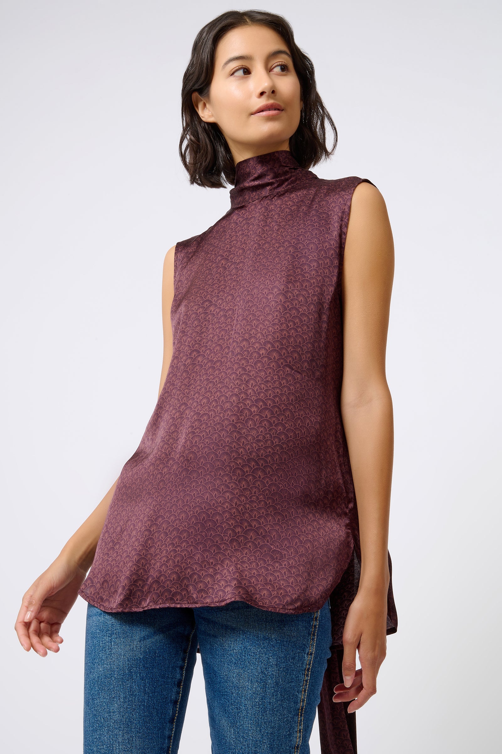 Kal Rieman Scarf Shell in Luna Bordeaux Print on Model Looking Left Front View