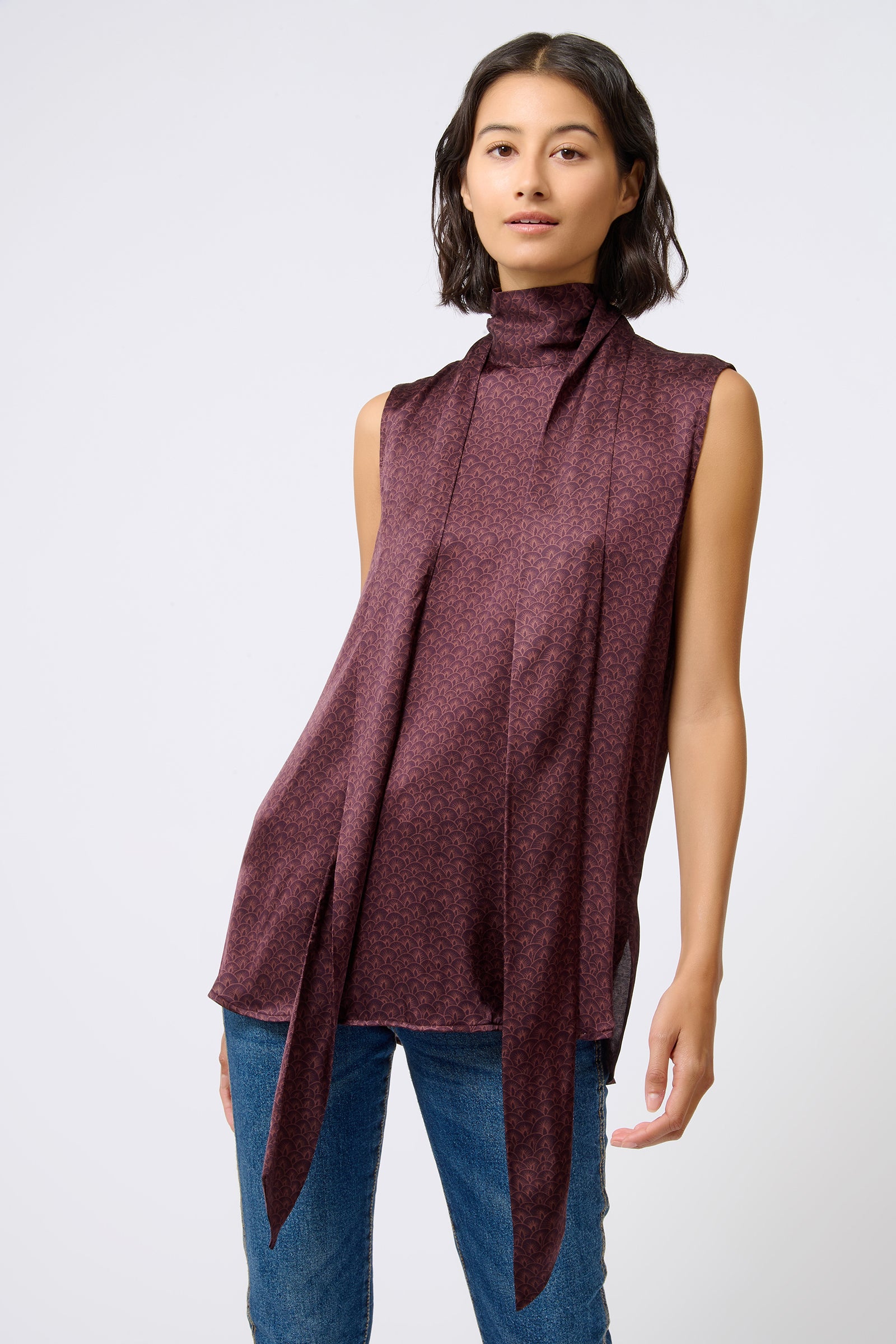 Kal Rieman Scarf Shell in Luna Bordeaux Print on Model Front View