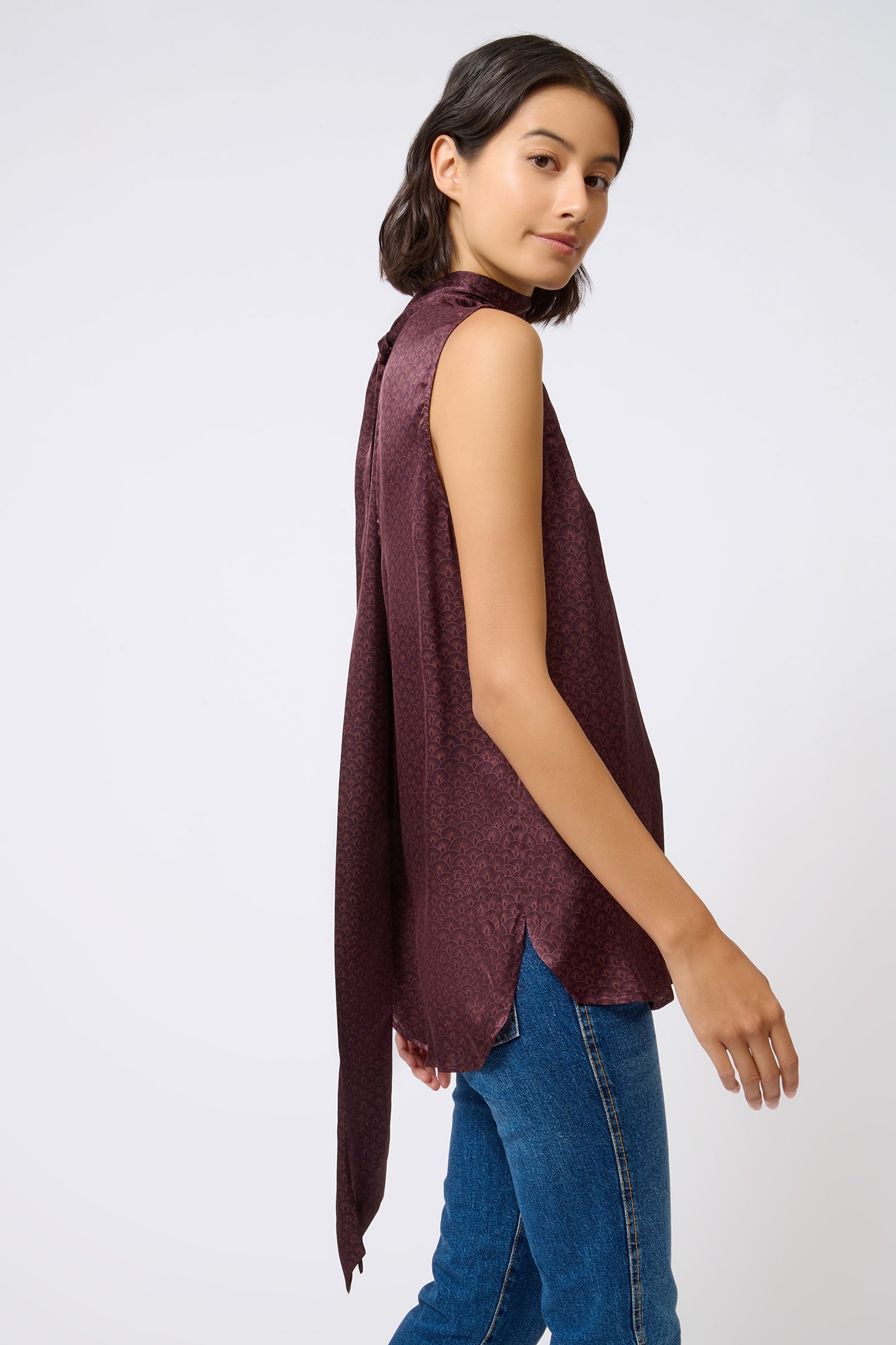 Kal Rieman Scarf Shell in Luna Bordeaux Print on Model Side View