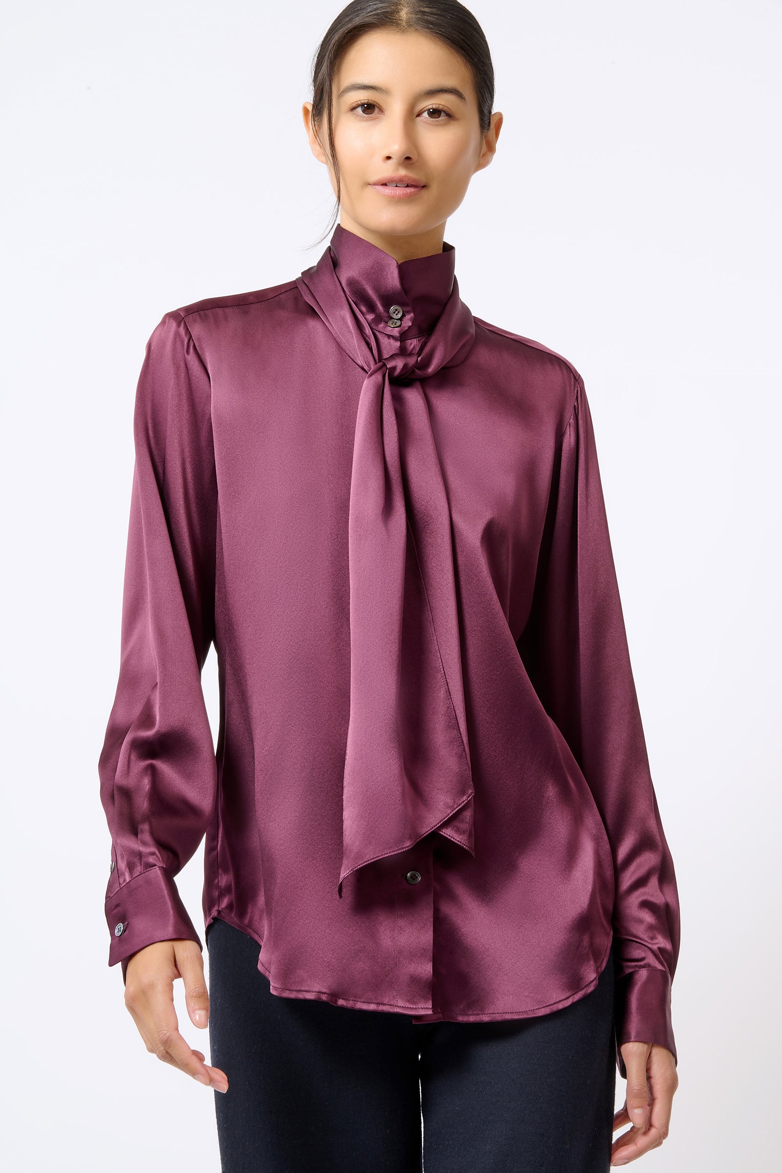 Kal Rieman Scarf Tie Blouse in Bordeaux on Model Front View
