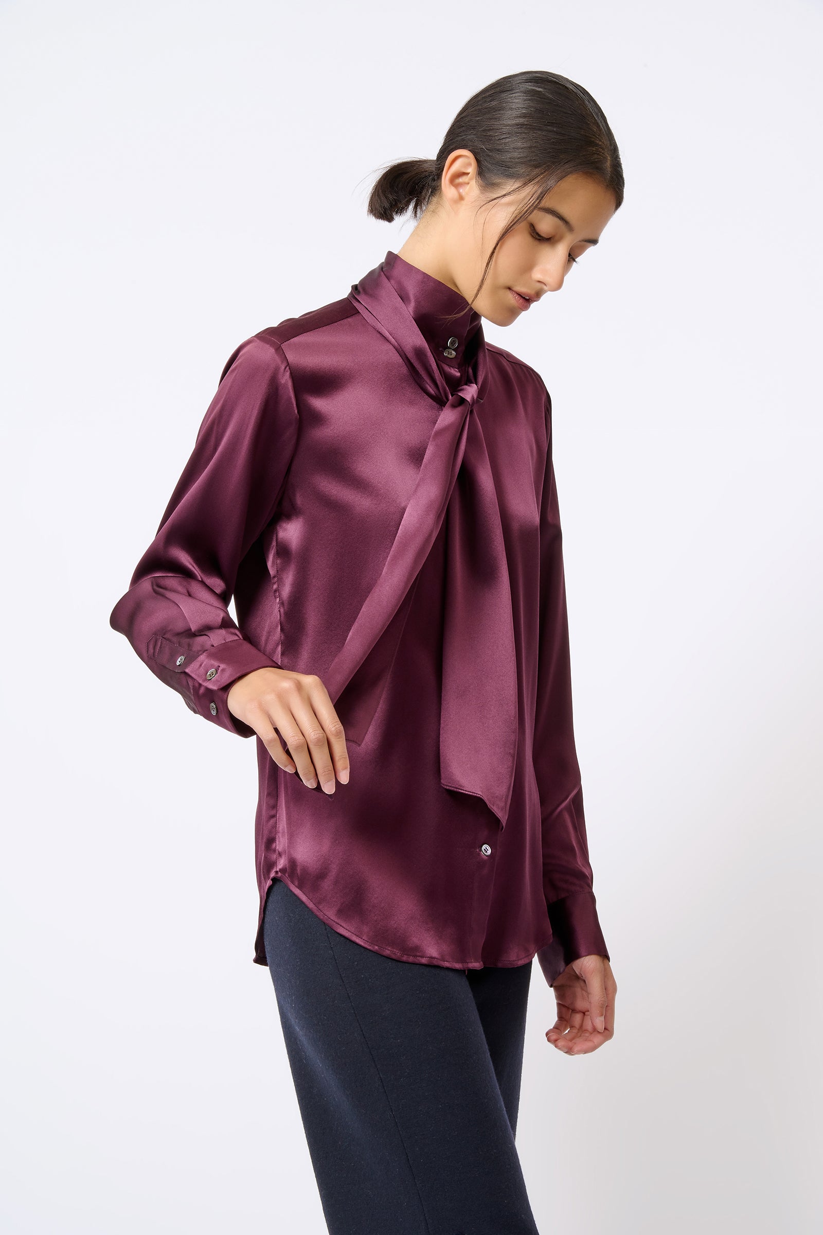 Kal Rieman Scarf Tie Blouse in Bordeaux on Model Side View