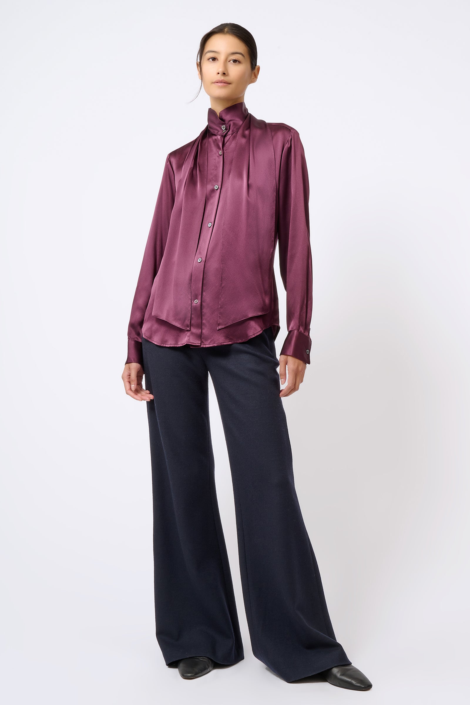 Kal Rieman Scarf Tie Blouse in Bordeaux on Model Full Front View