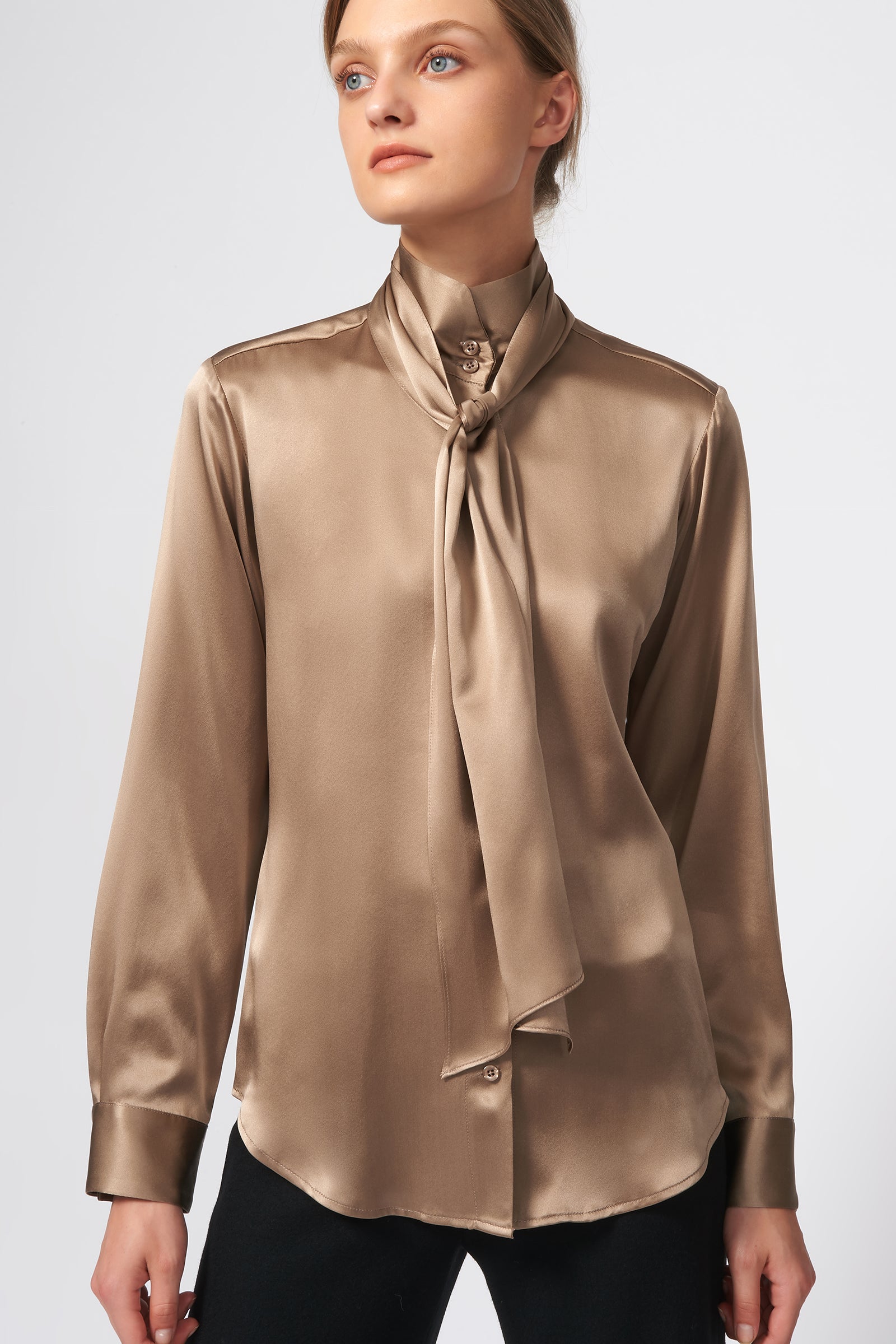 Kal Rieman Scarf Tie Blouse in Charmeuse on Model Front View