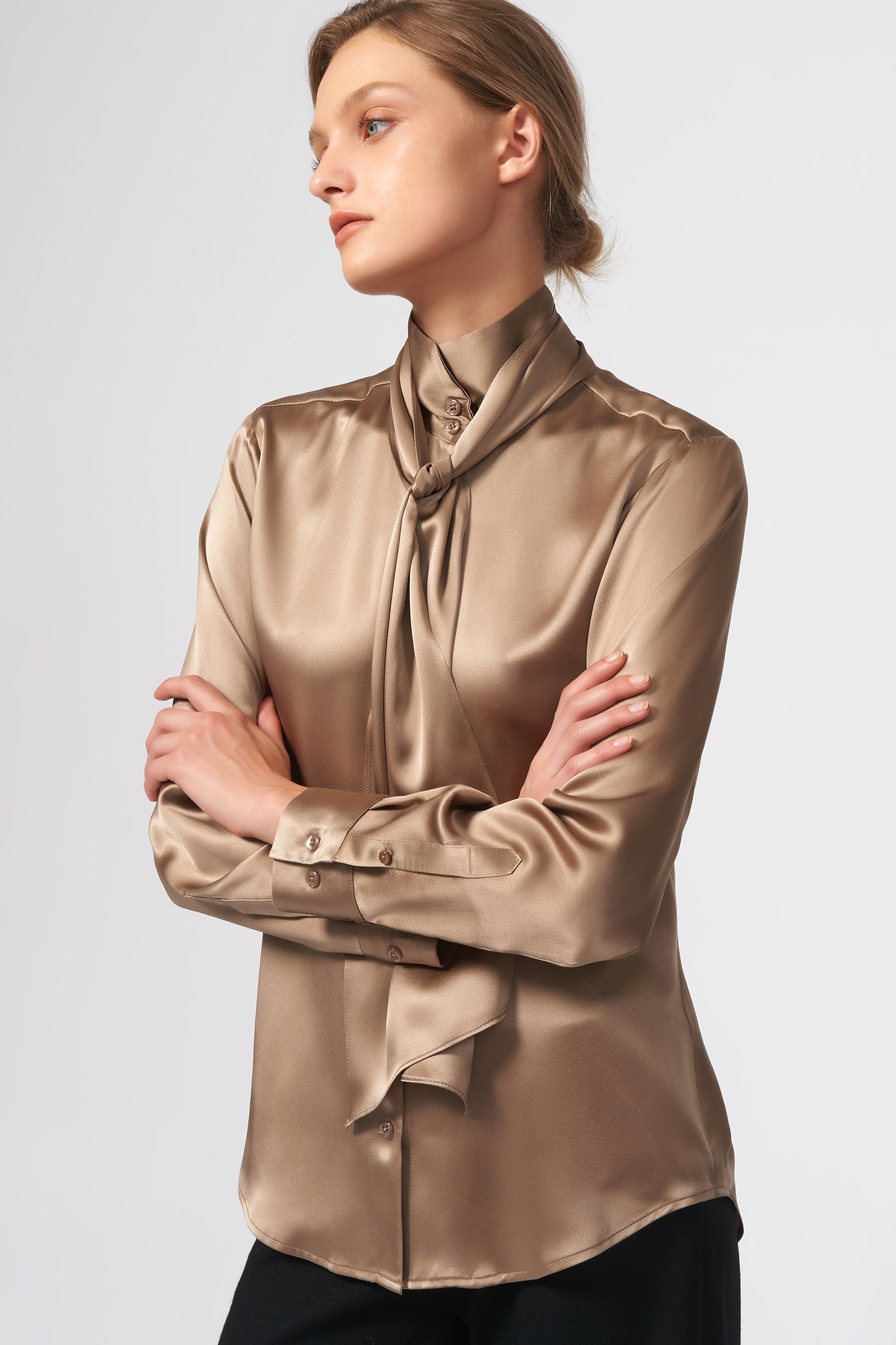 Kal Rieman Scarf Tie Blouse in Charmeuse on Model Side View