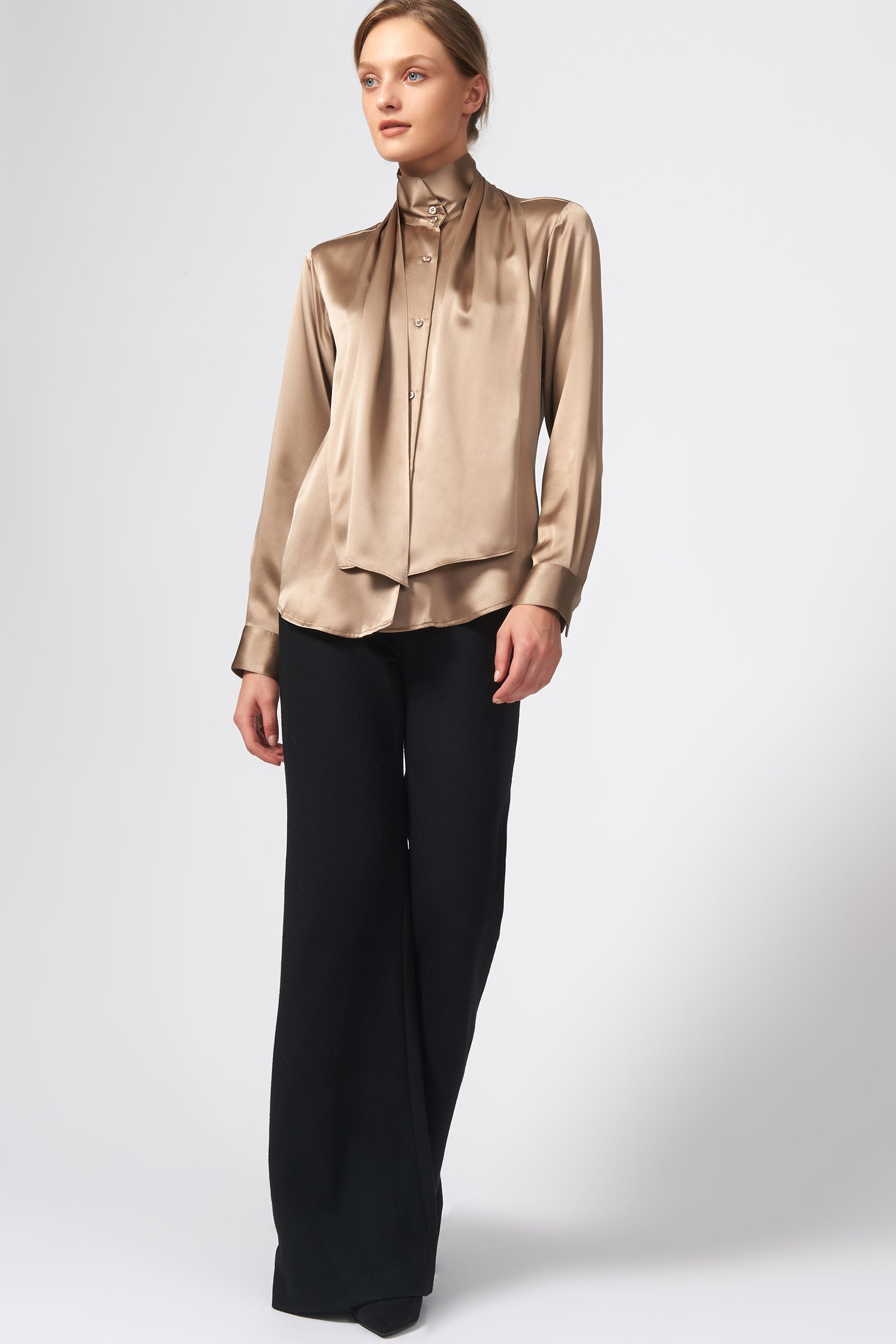 Kal Rieman Scarf Tie Blouse in Charmeuse on Model Full Front View