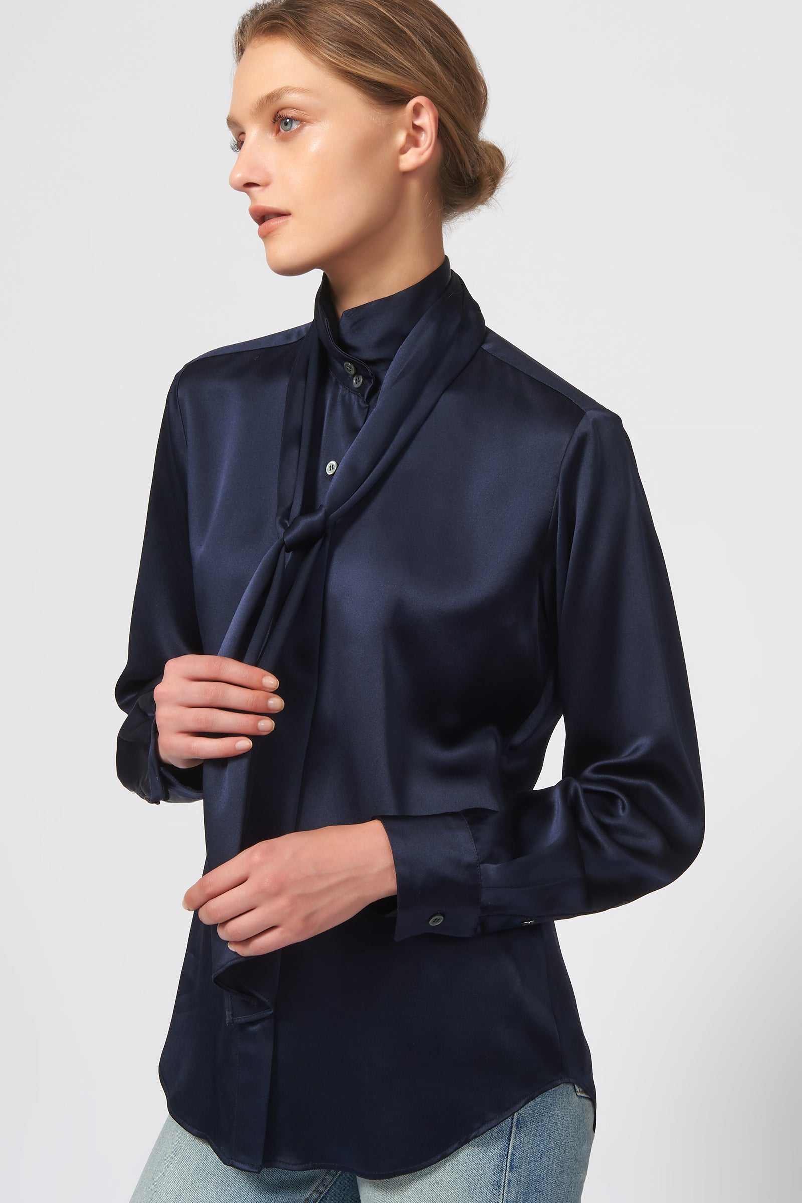 Kal Rieman Scarf Tie Blouse in Navy on Model Front Side View