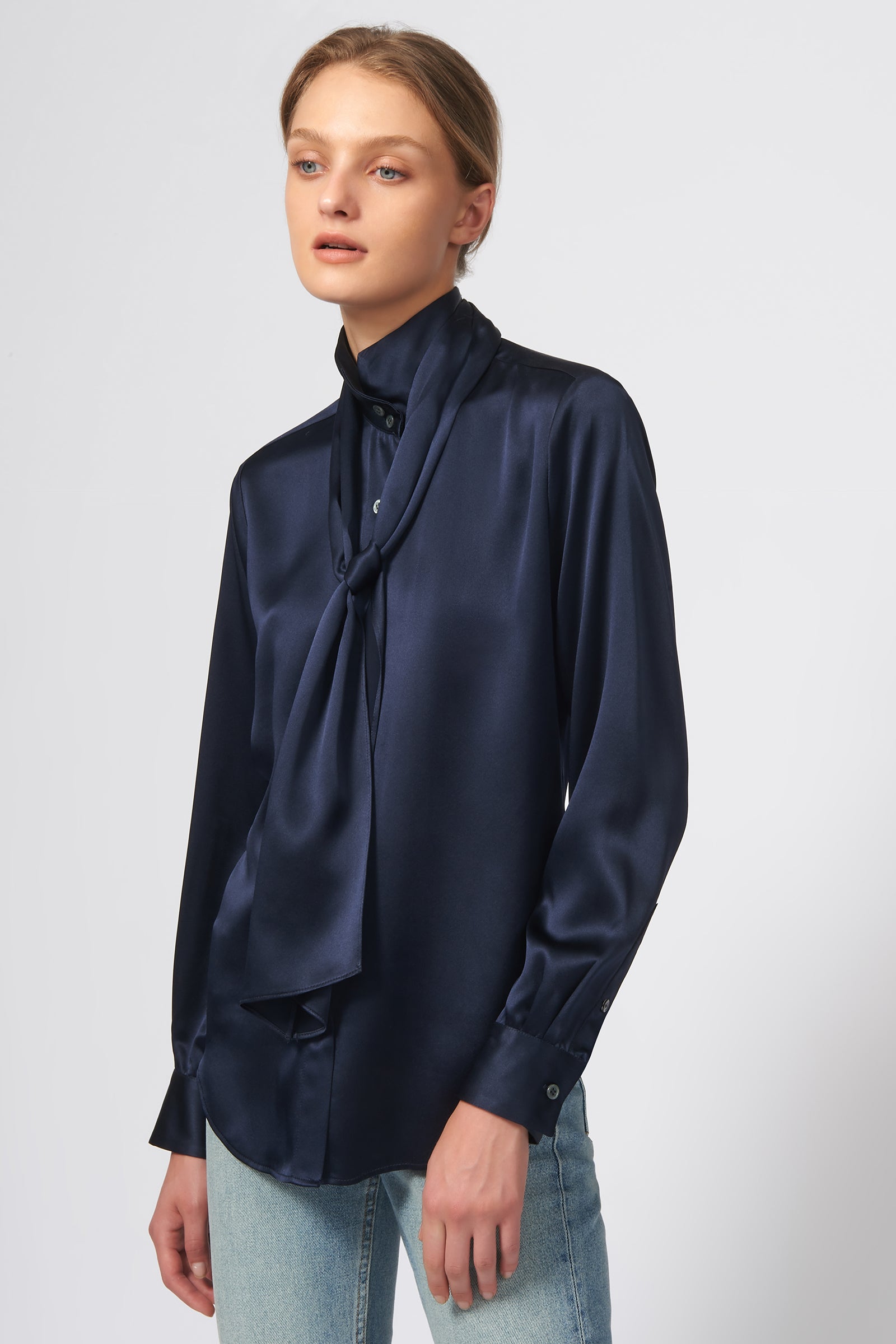 Kal Rieman Scarf Tie Blouse in Navy on Model Front View