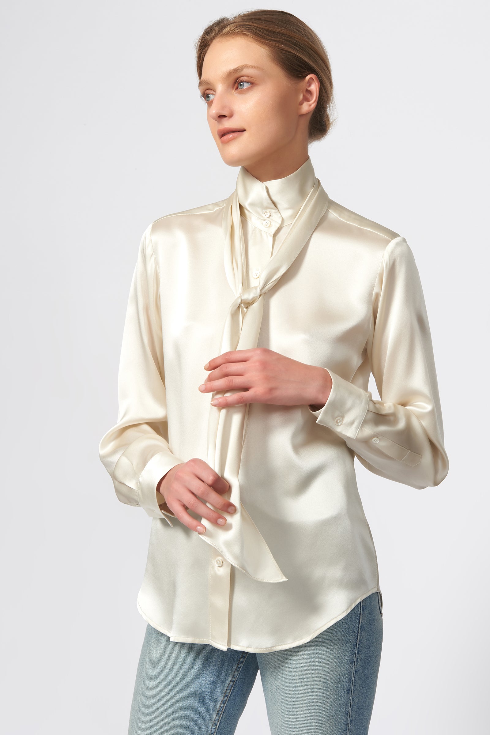 Kal Rieman Scarf Tie Blouse in Oyster on Model Front View