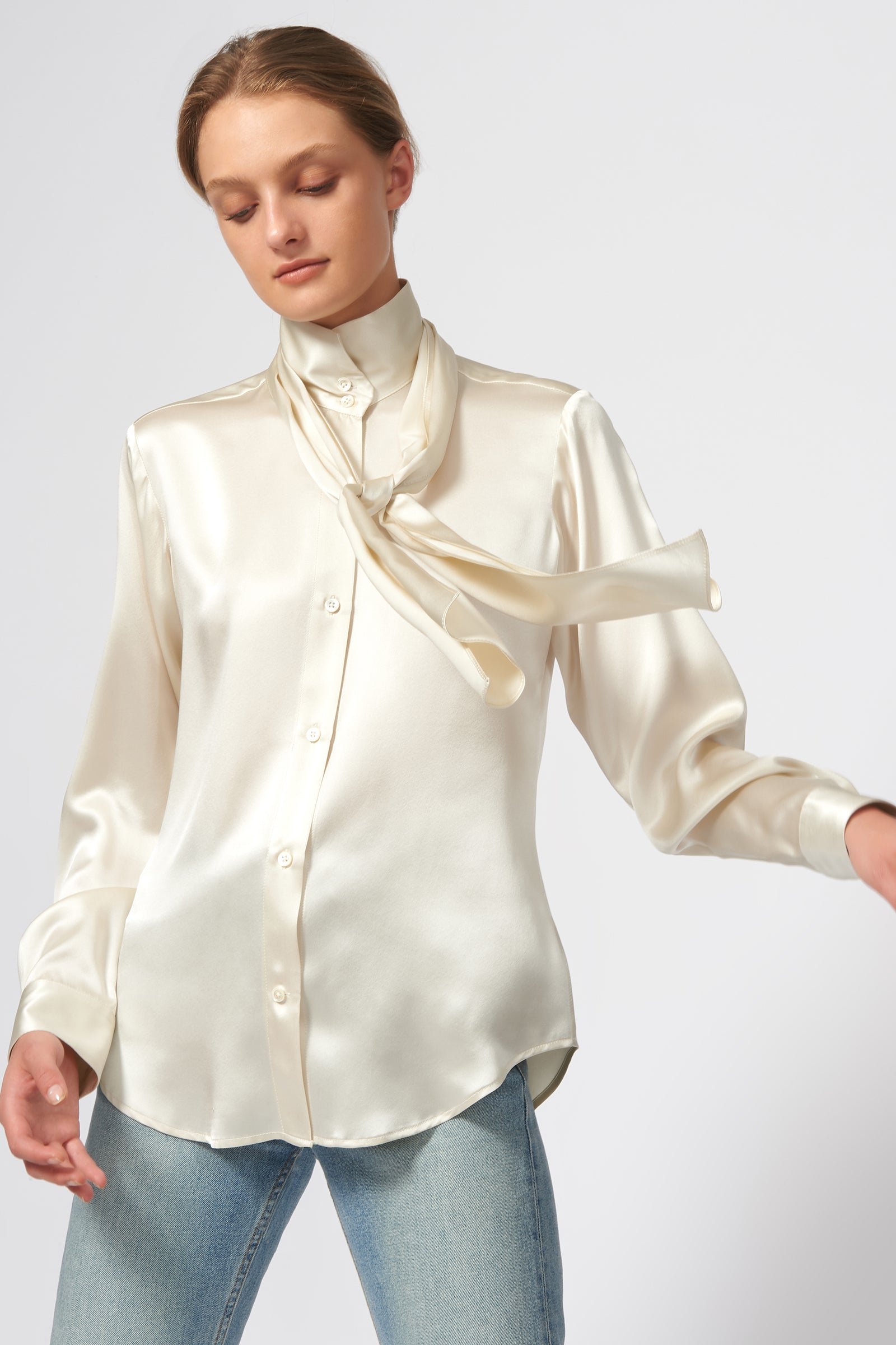 Kal Rieman Scarf Tie Blouse in Oyster on Model Front View