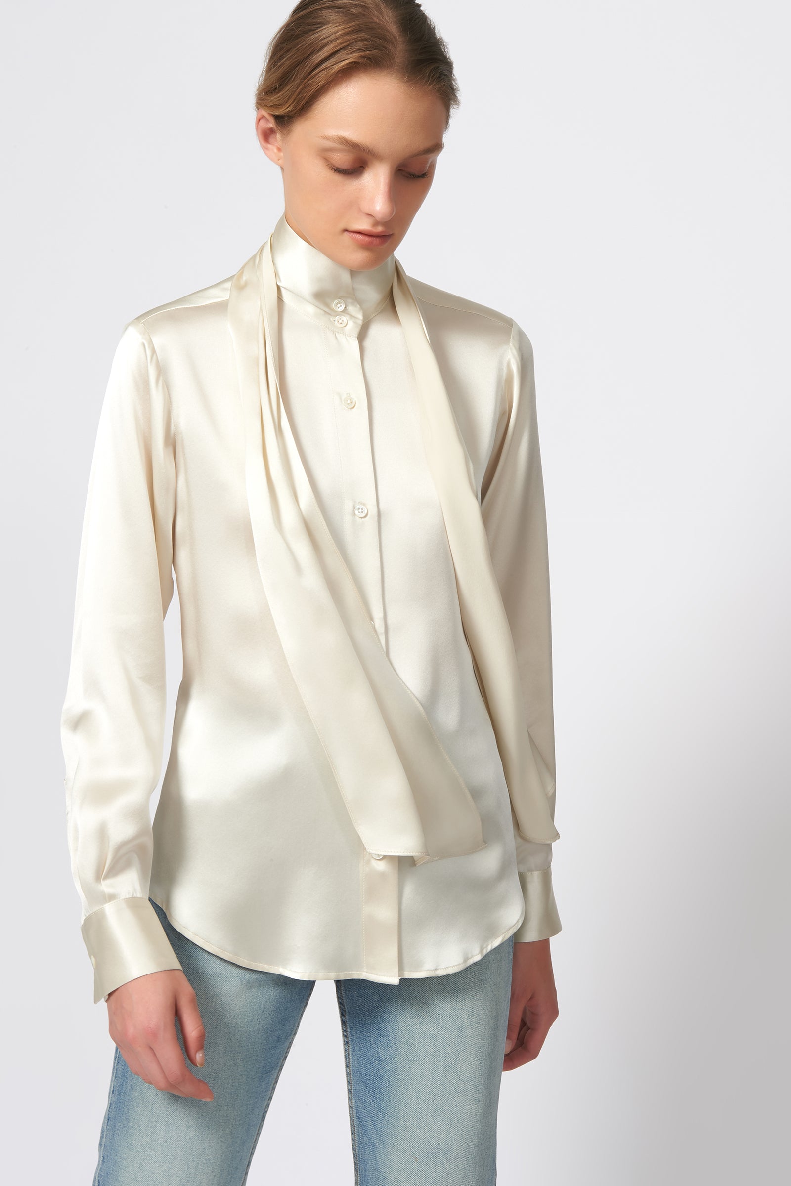 Kal Rieman Scarf Tie Blouse in Oyster on Model Front View