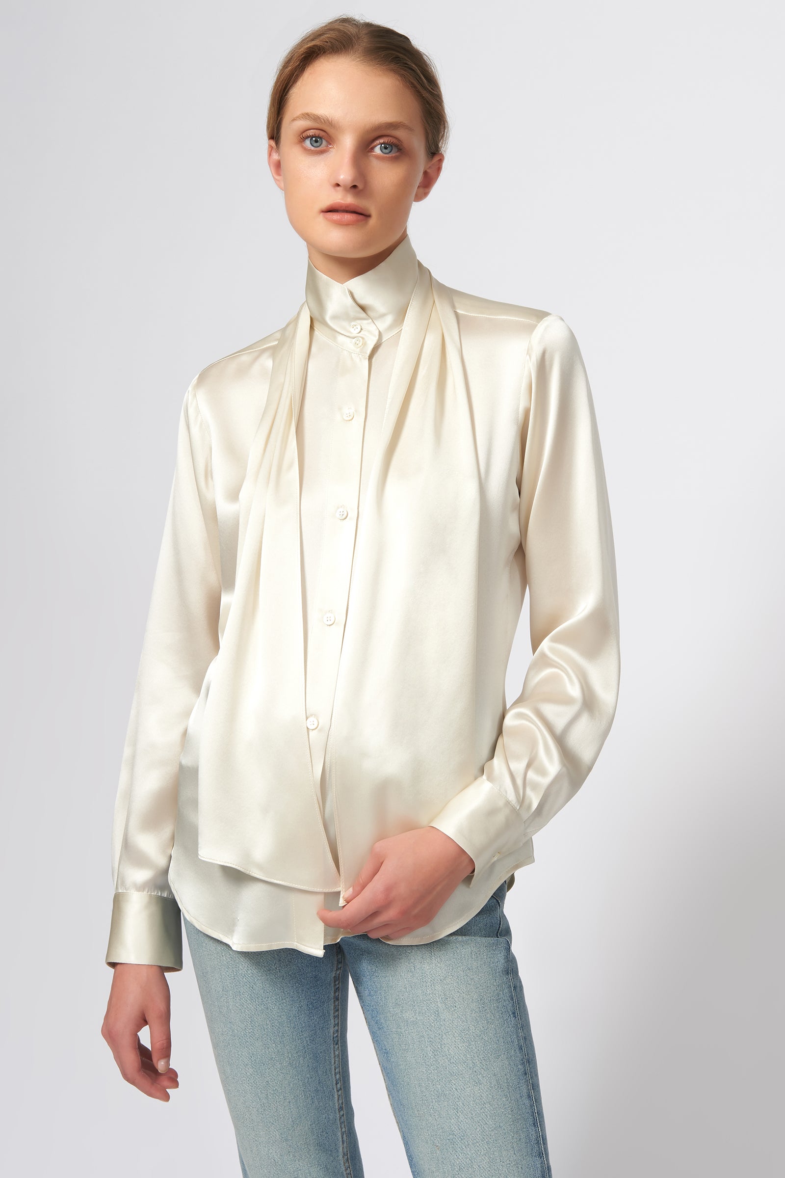 Kal Rieman Scarf Tie Blouse in Oyster on Model Front View