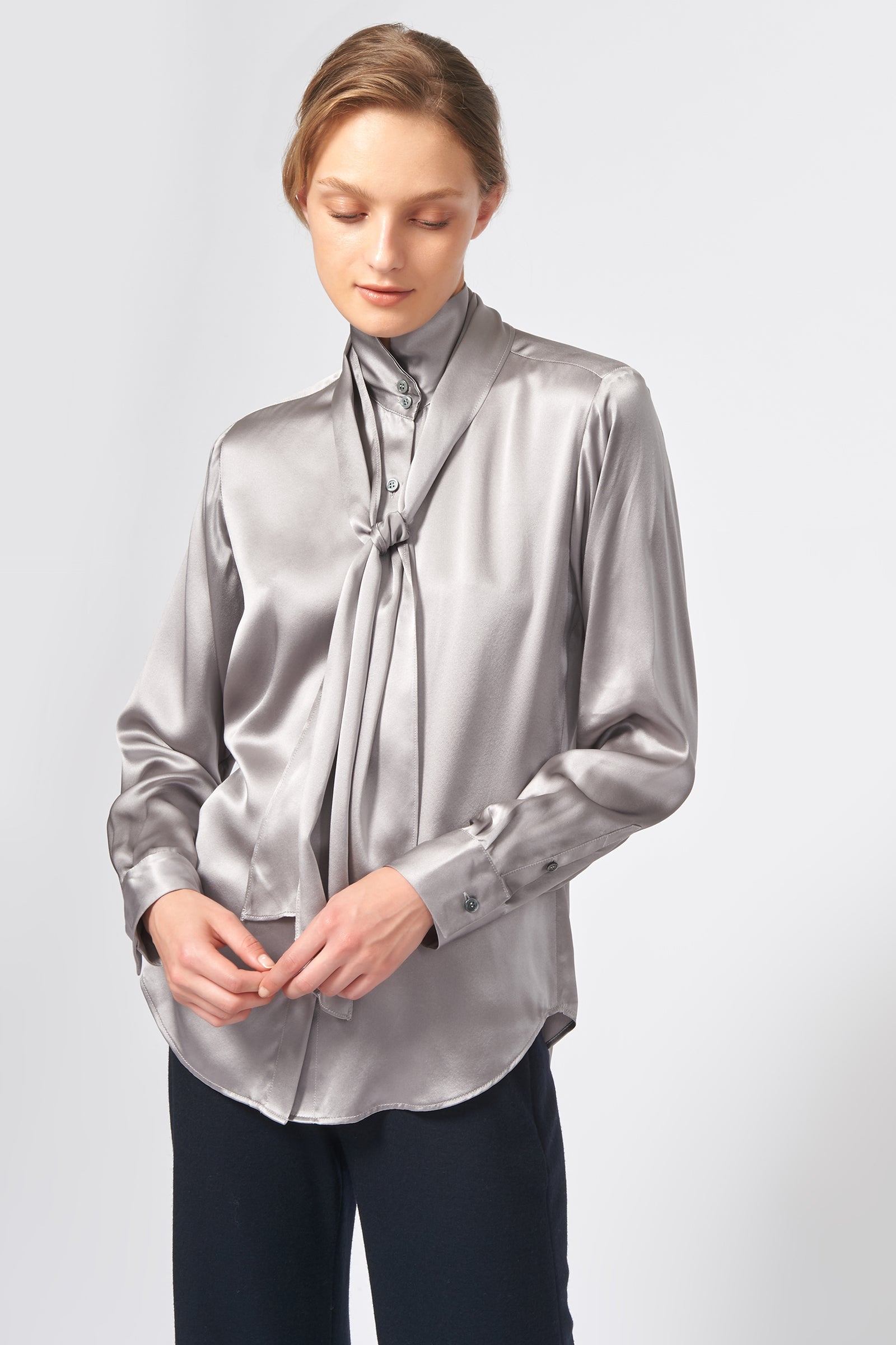 Kal Rieman Scarf Tie Blouse in Silver on Model Front View