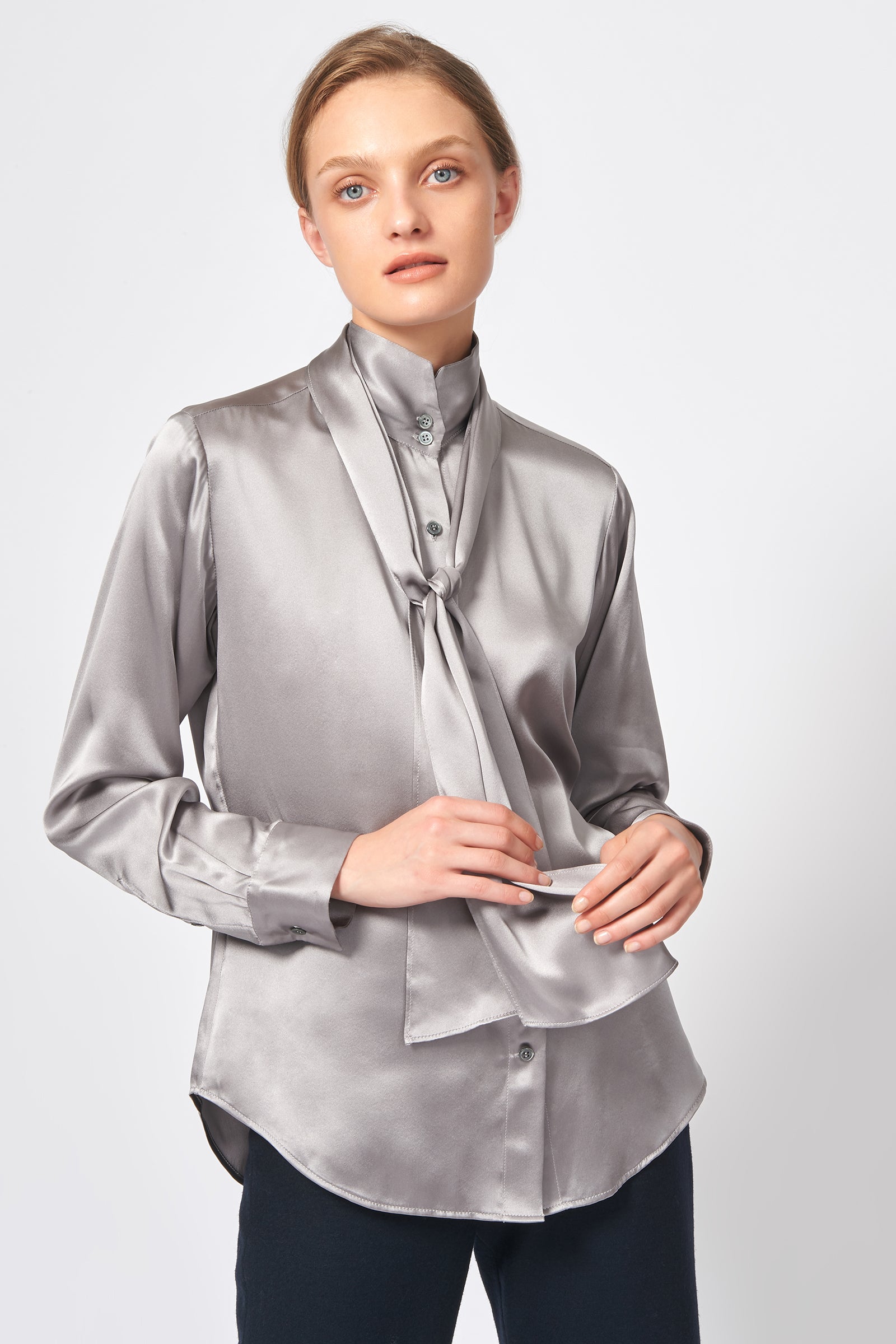 Kal Rieman Scarf Tie Blouse in Silver on Model Front View