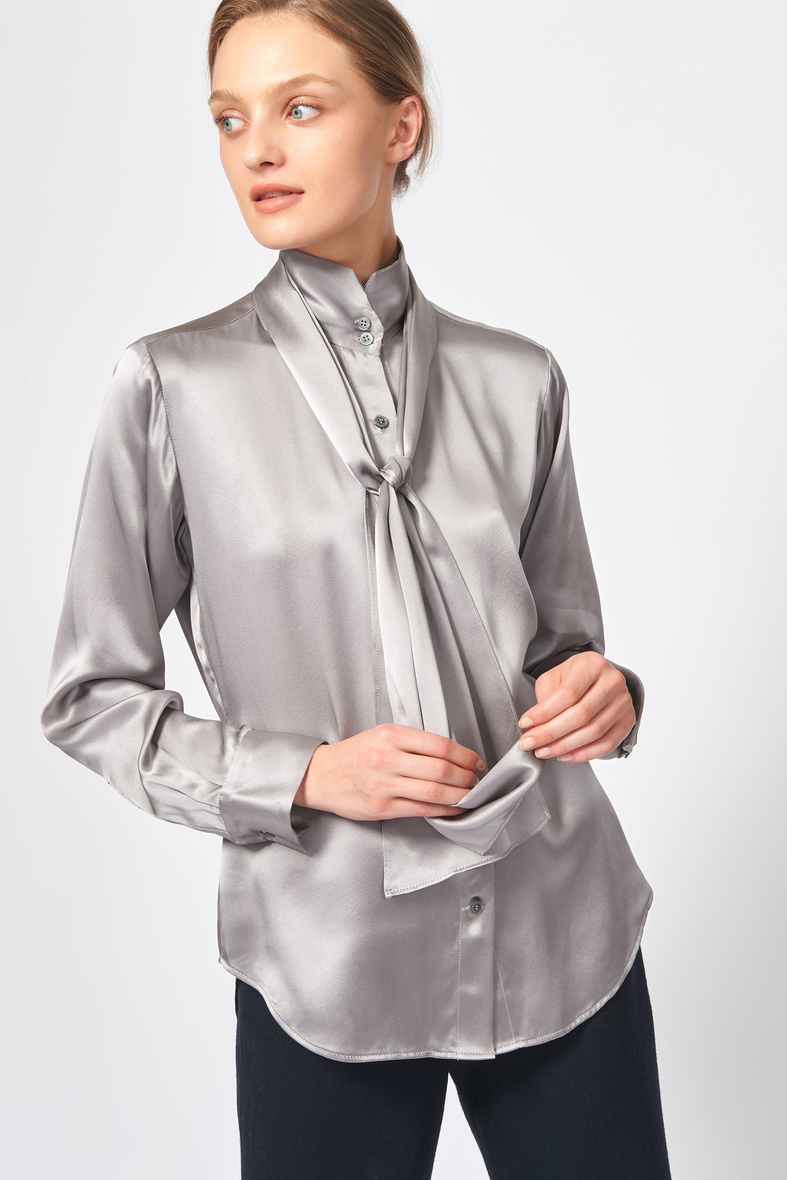 Kal Rieman Scarf Tie Blouse in Silver on Model Front View