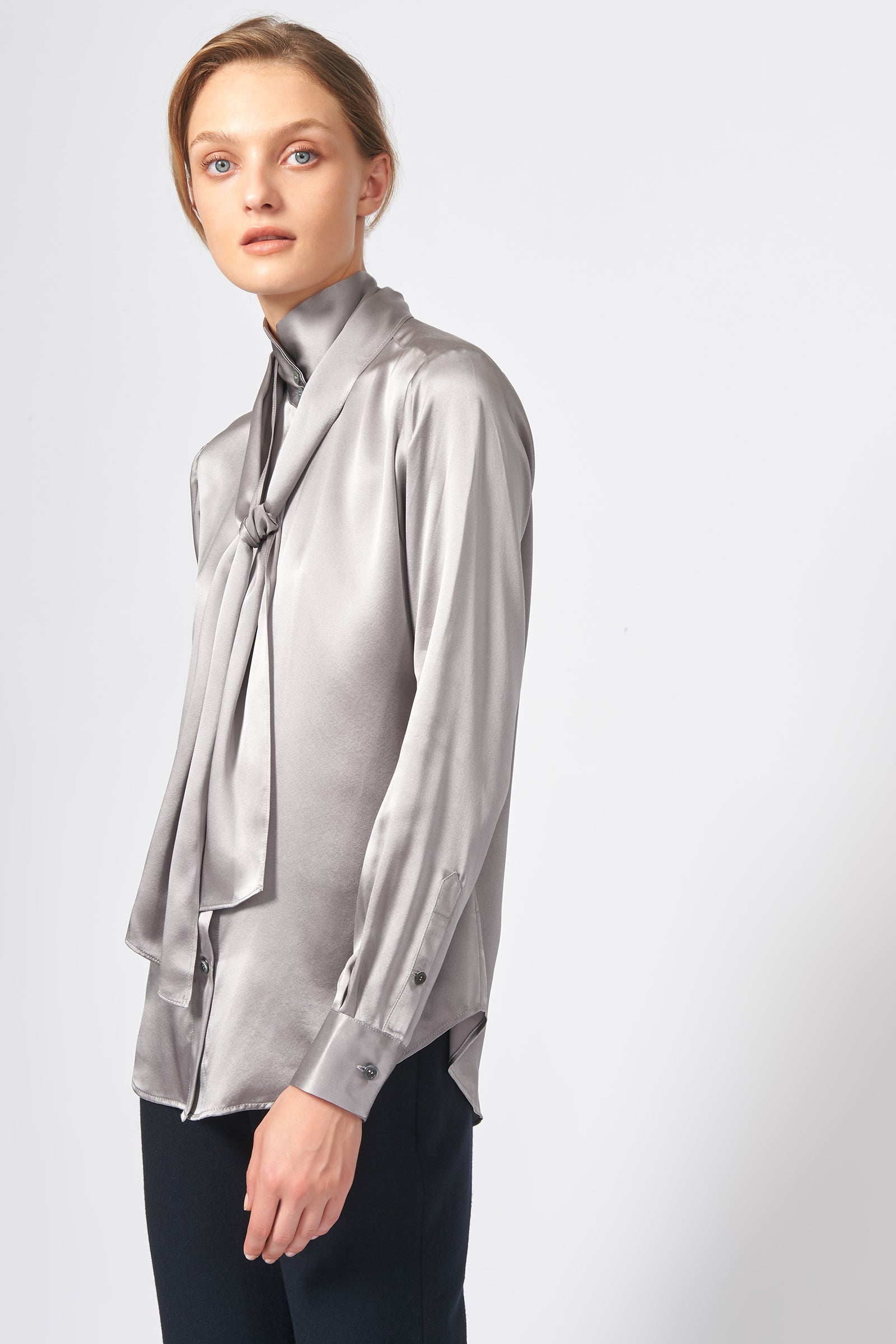 Kal Rieman Scarf Tie Blouse in Silver on Model Front View