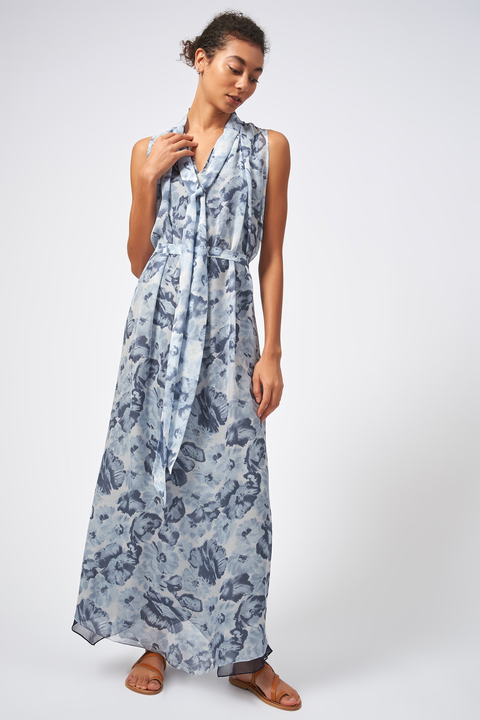Kal Rieman Scarf Tie Maxi Scarf Hem Dress Peony Print On Model Front View