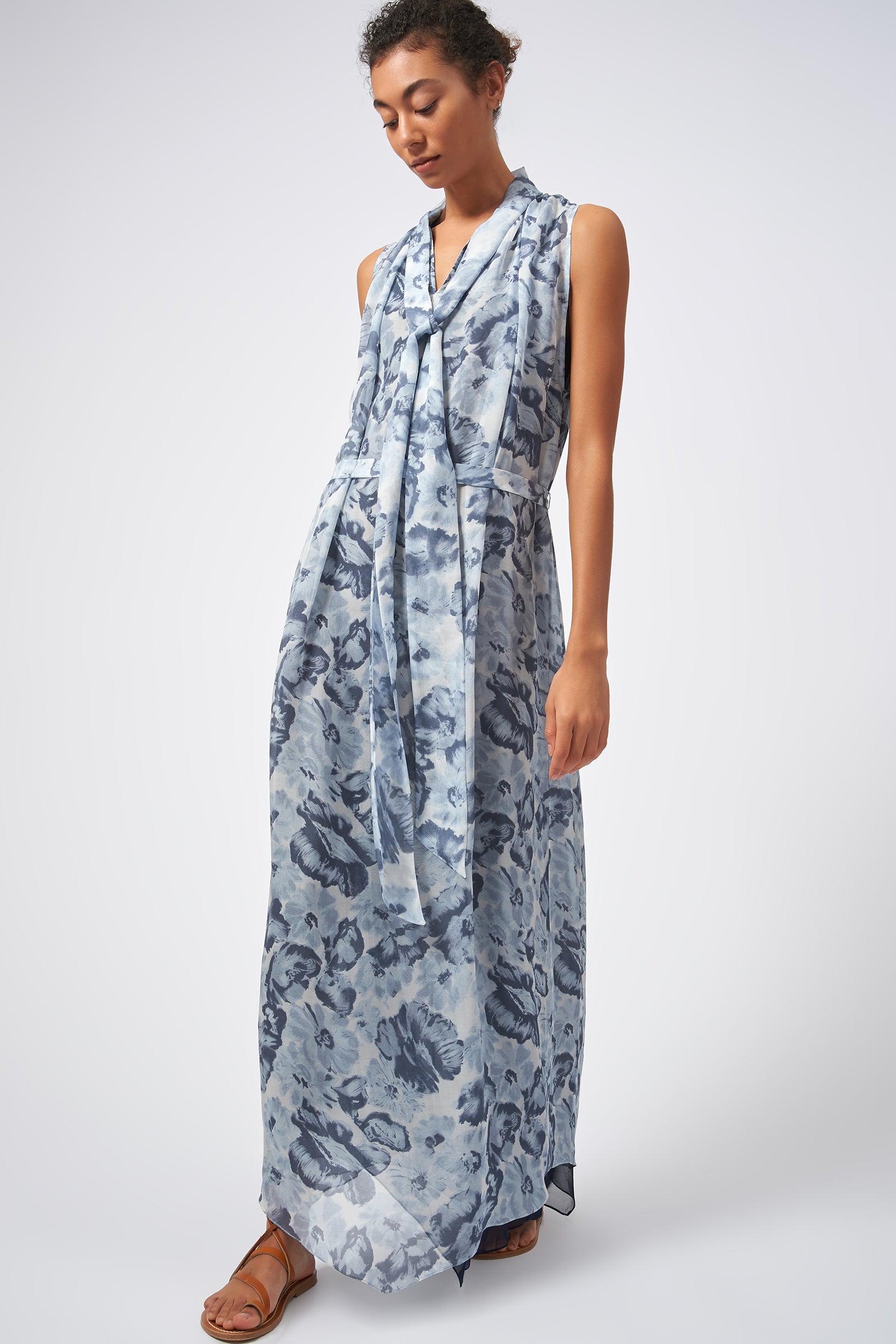 Kal Rieman Scarf Tie Maxi Scarf Hem Dress Peony Print On Model Front View 2