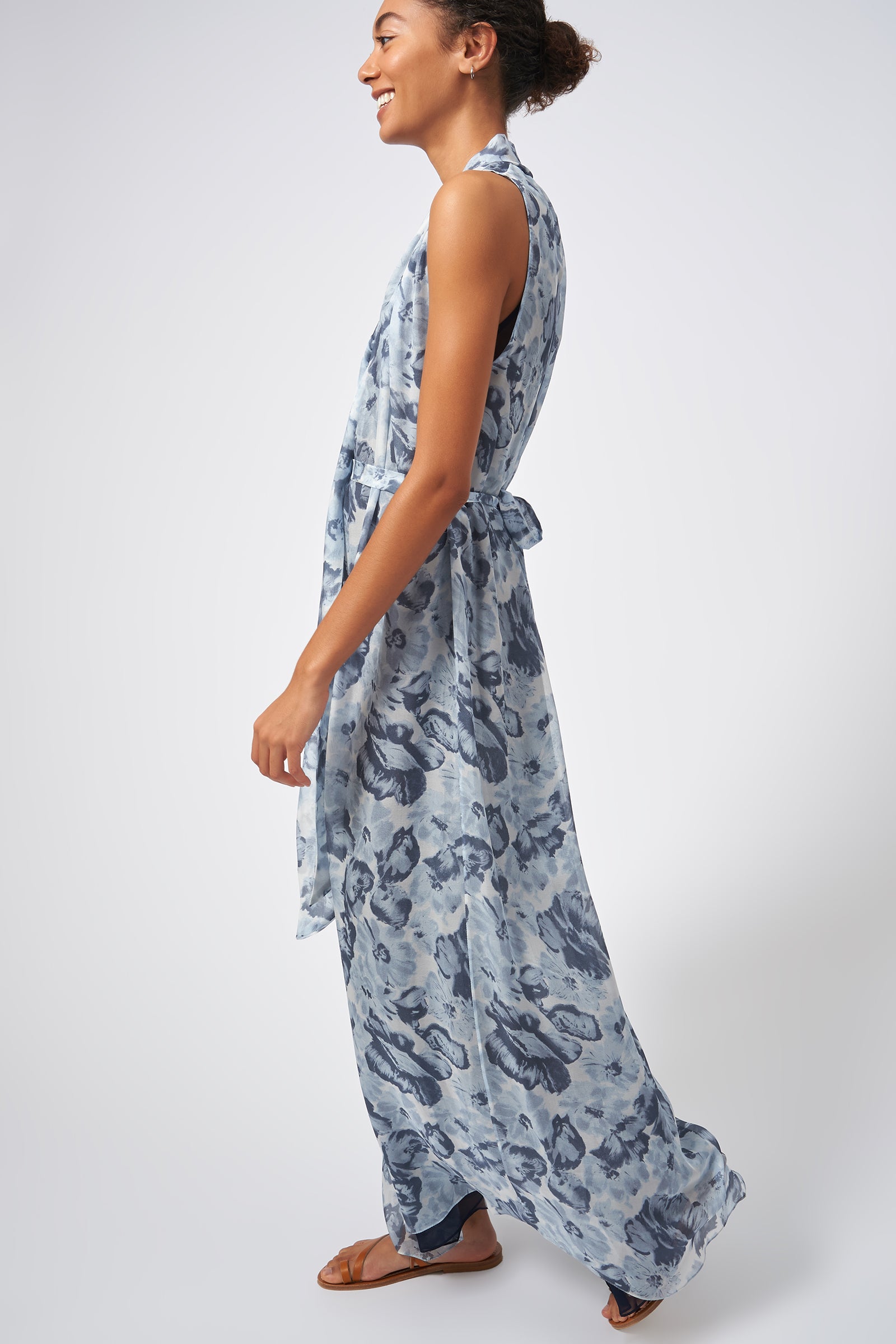 Kal Rieman Scarf Tie Maxi Scarf Hem Dress Peony Print On Model Side View