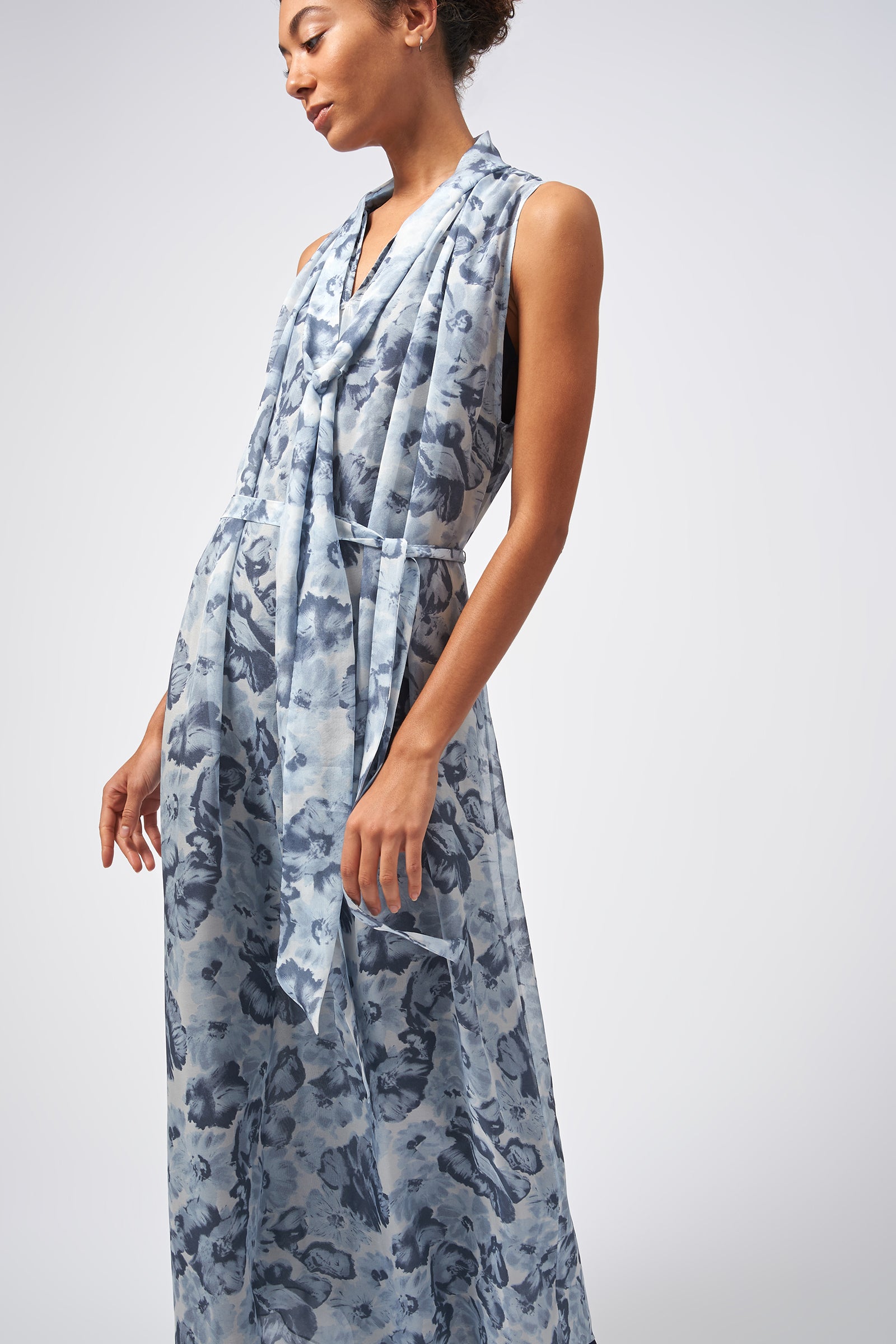 Kal Rieman Scarf Tie Maxi Scarf Hem Dress Peony Print On Model Side View 2