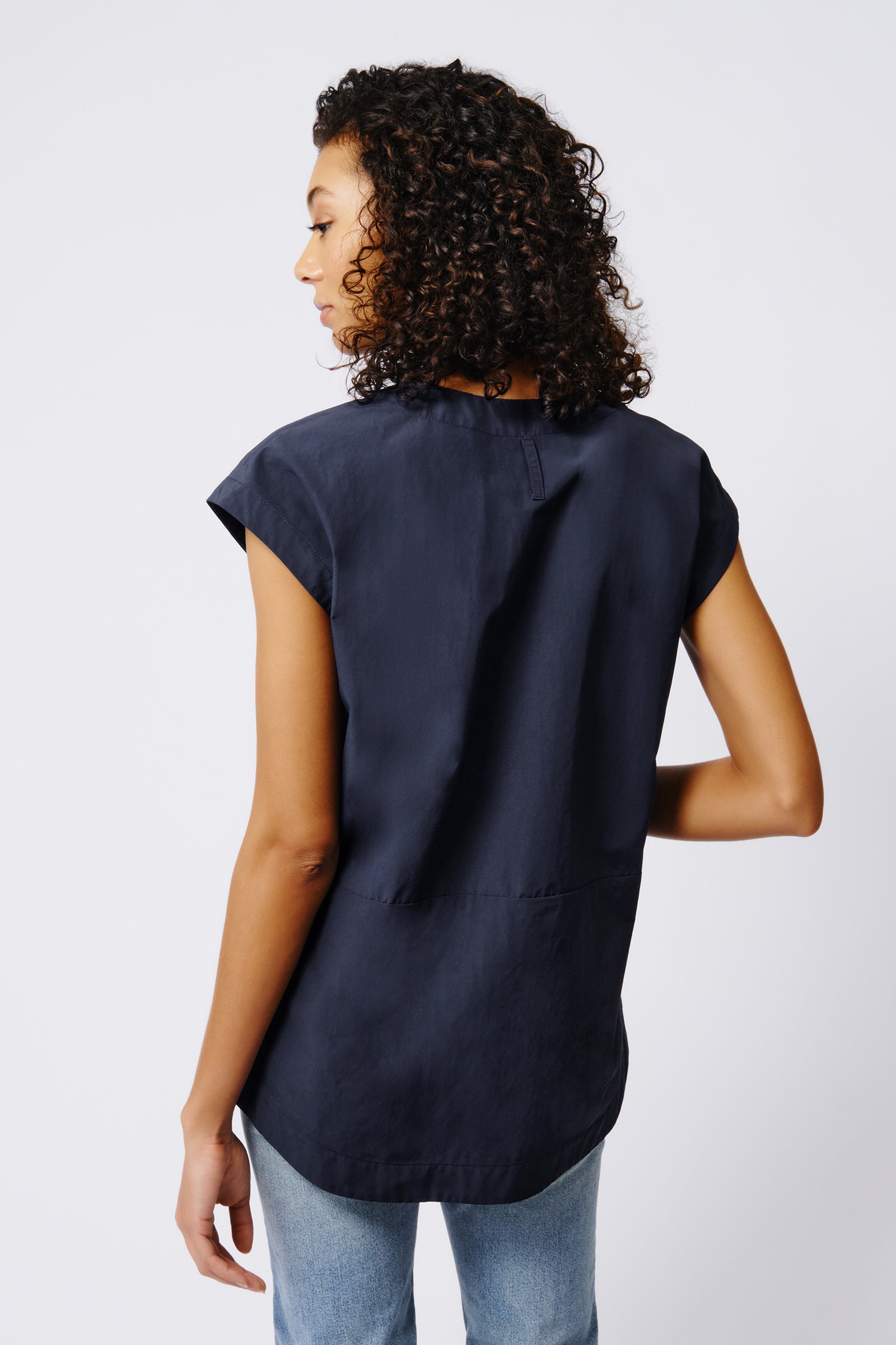 Kal Rieman Seam Pocket Tunic in Navy Broadcloth on Model Front View Crop