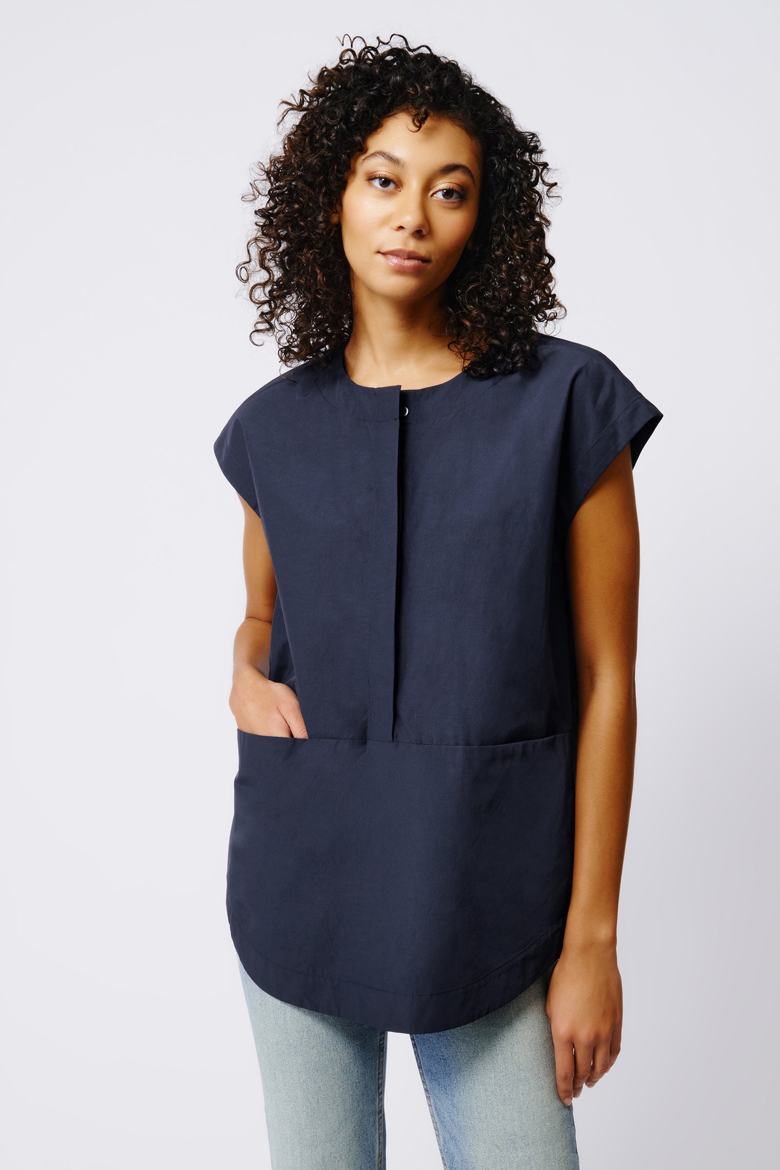 Kal Rieman Seam Pocket Tunic in Navy Broadcloth on Model Front View Crop 4