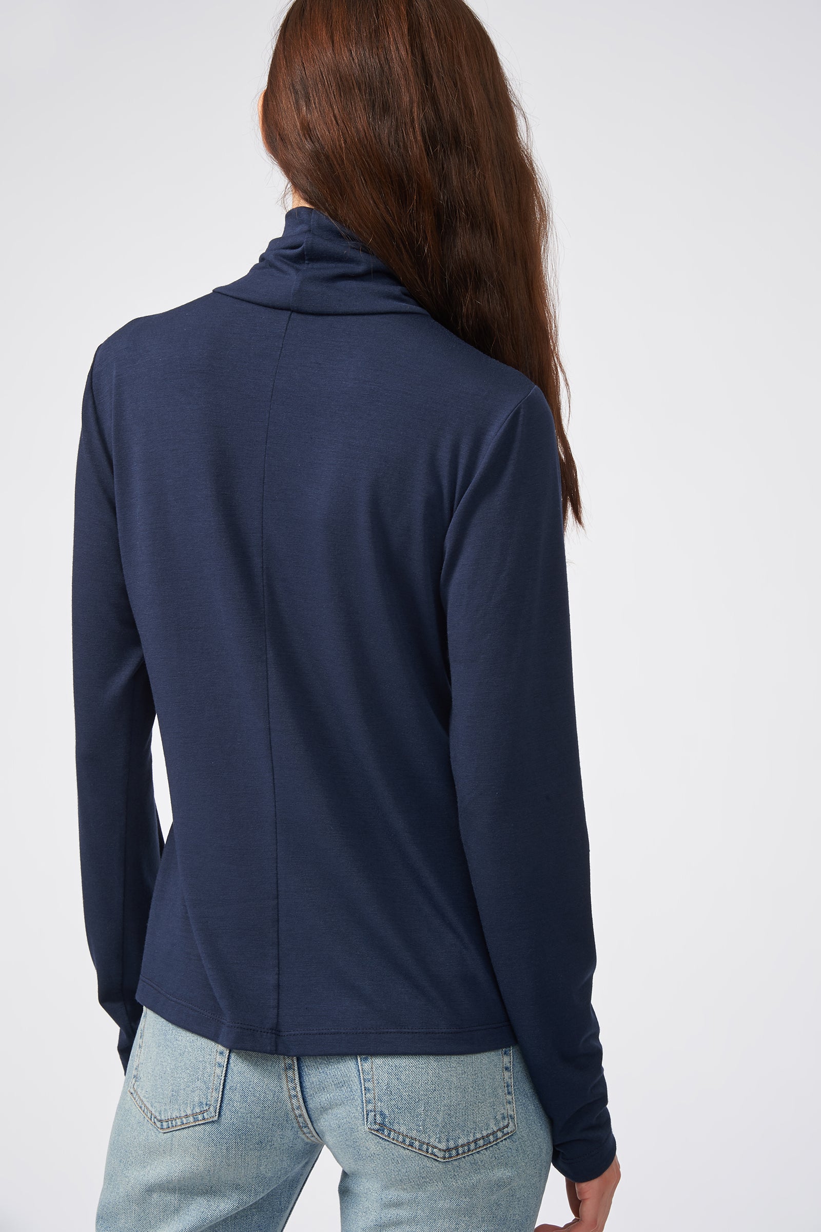 Kal Rieman Seamed Fitted Turtleneck in Navy on Model Back View
