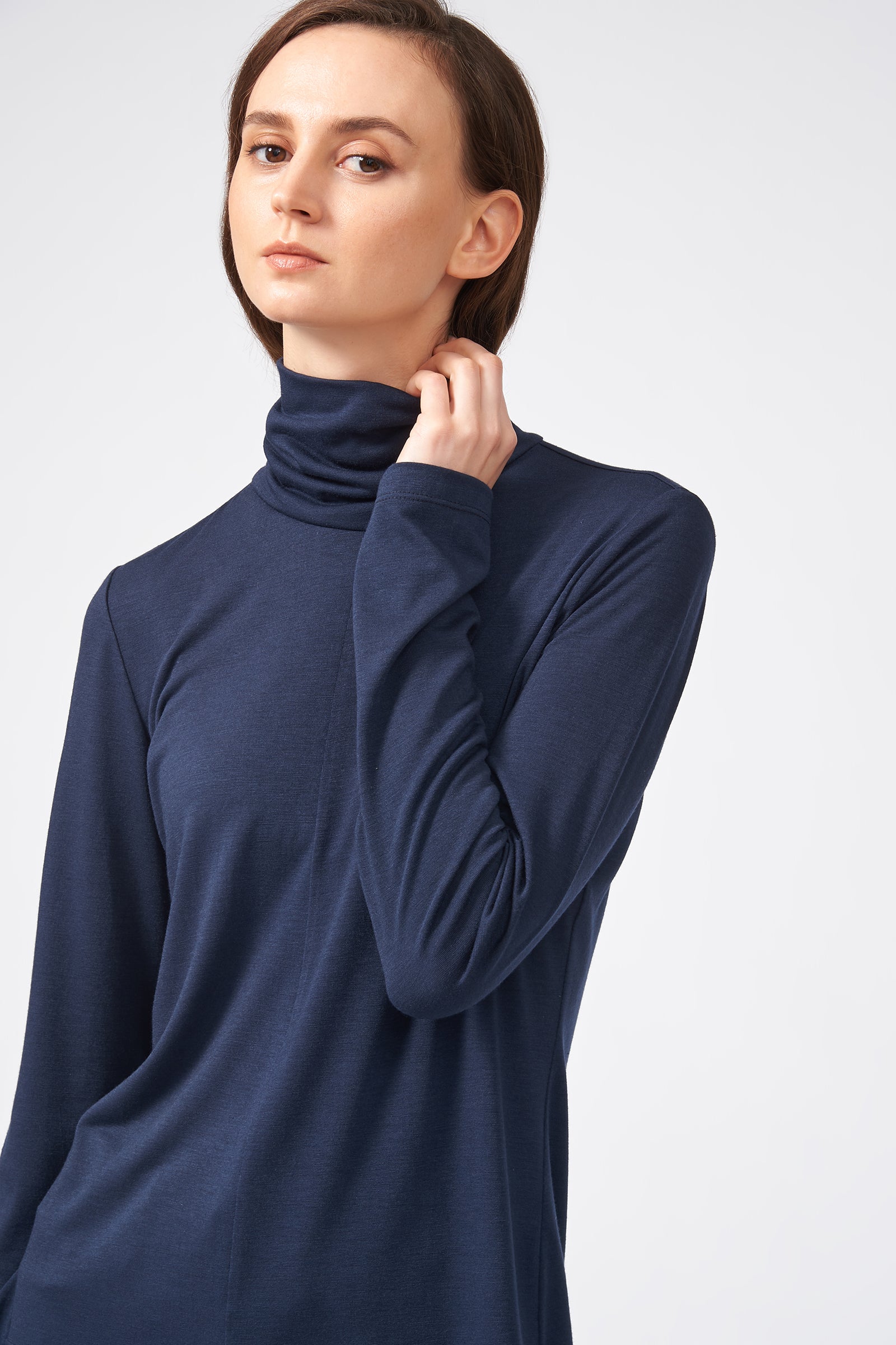 Kal Rieman Seamed Fitted Turtleneck in Navy on Model Front Detail View