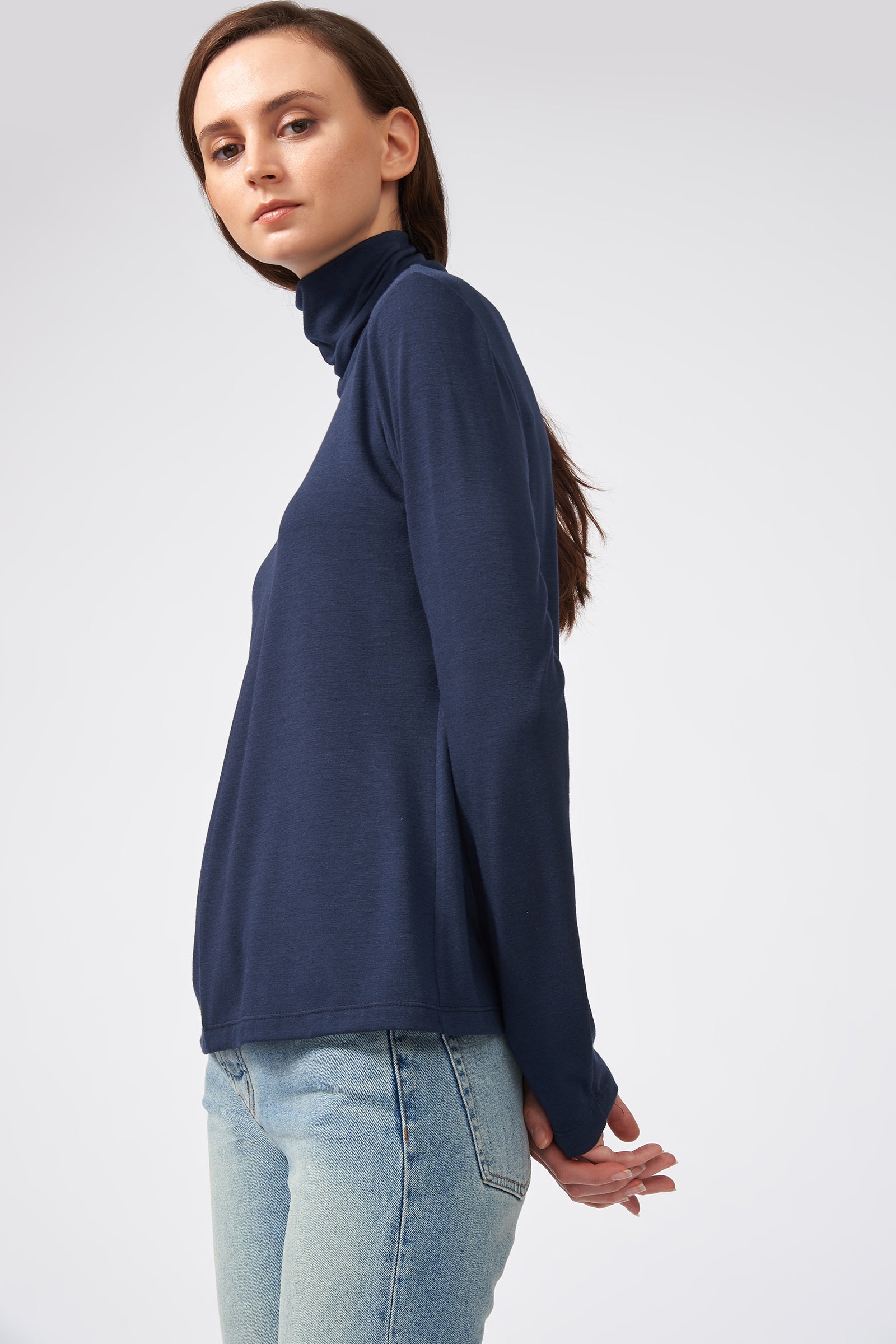 Kal Rieman Seamed Fitted Turtleneck in Navy on Model Side View