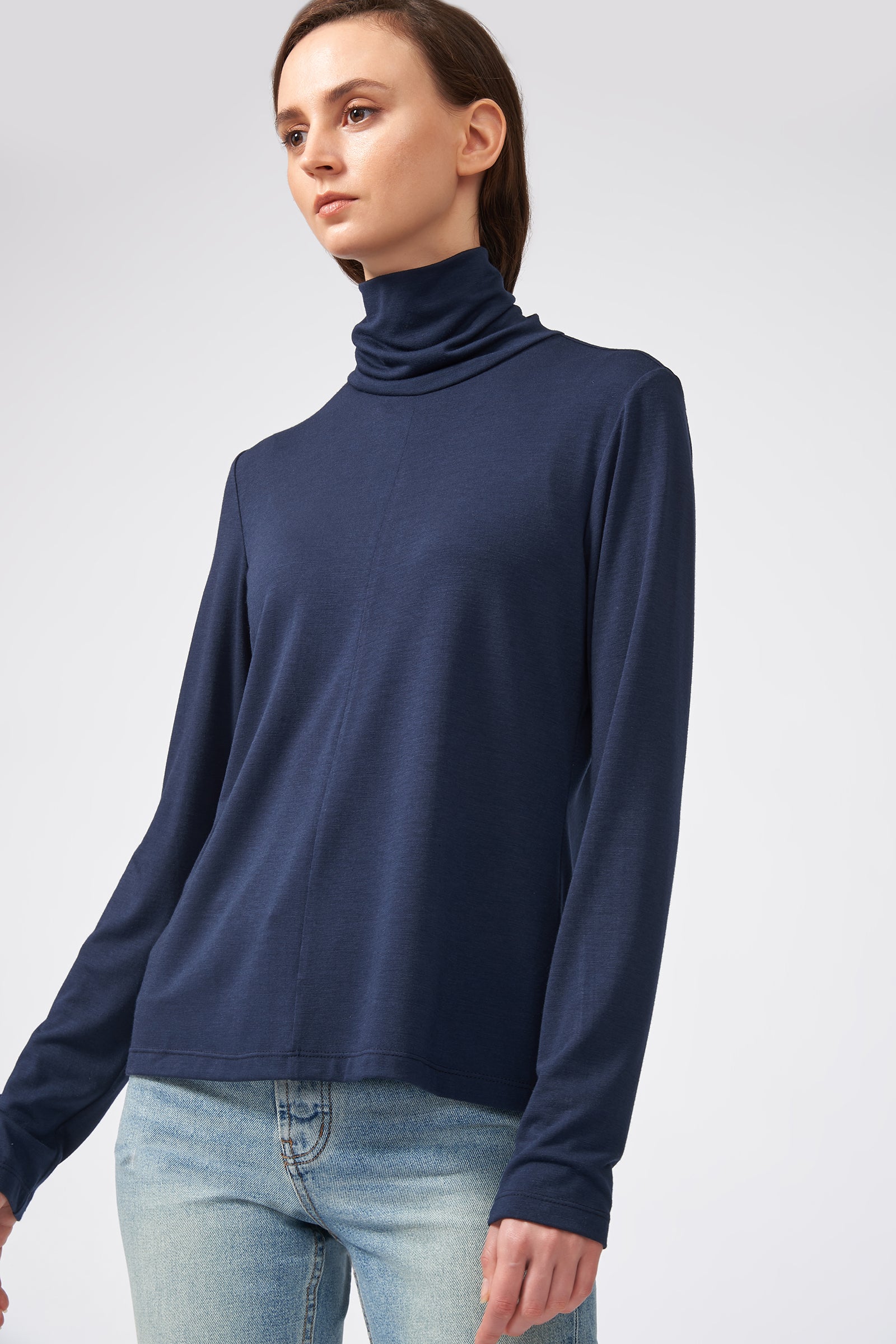 Kal Rieman Seamed Fitted Turtleneck in Navy on Model Front Side View