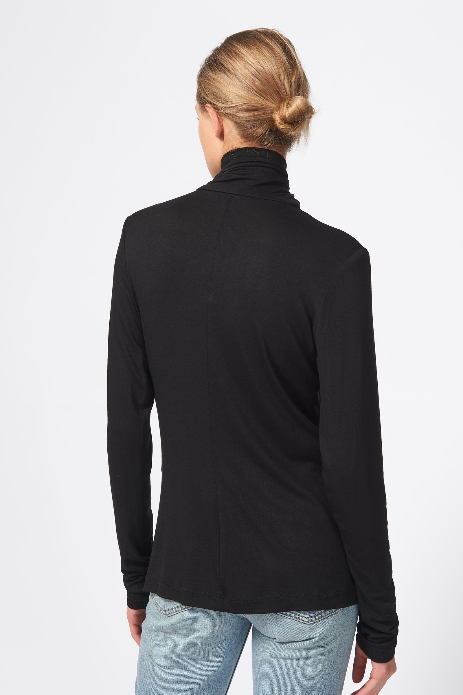 Kal Rieman Seamed Turtleneck in Black on Model Front View