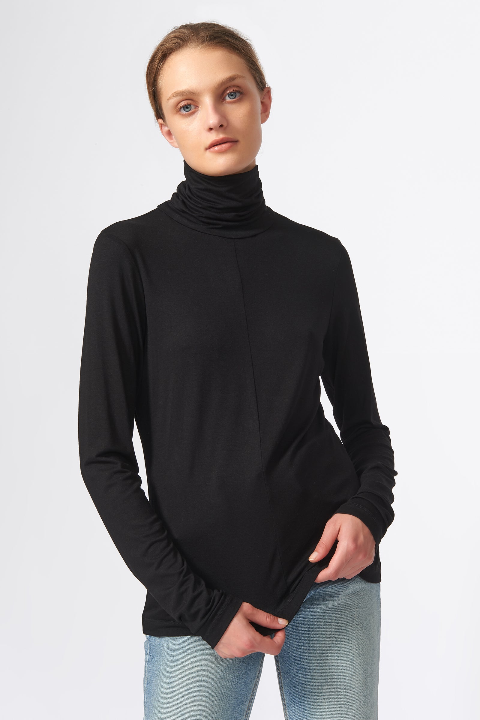 Kal Rieman Seamed Turtleneck in Black on Model Front View