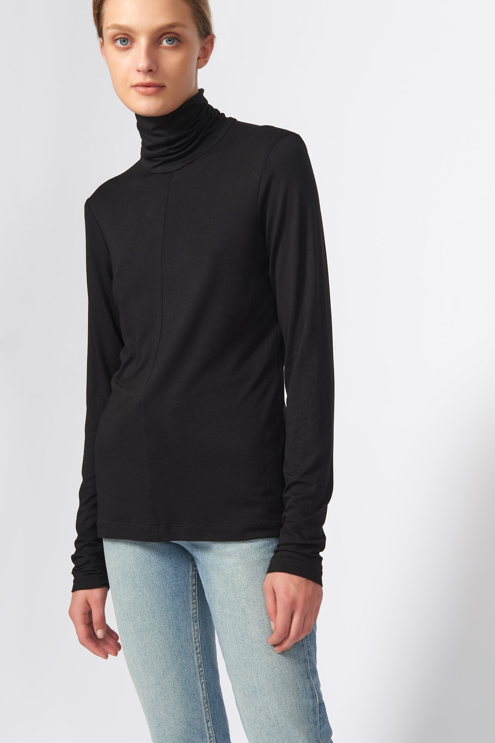 Kal Rieman Seamed Turtleneck in Black on Model Front View