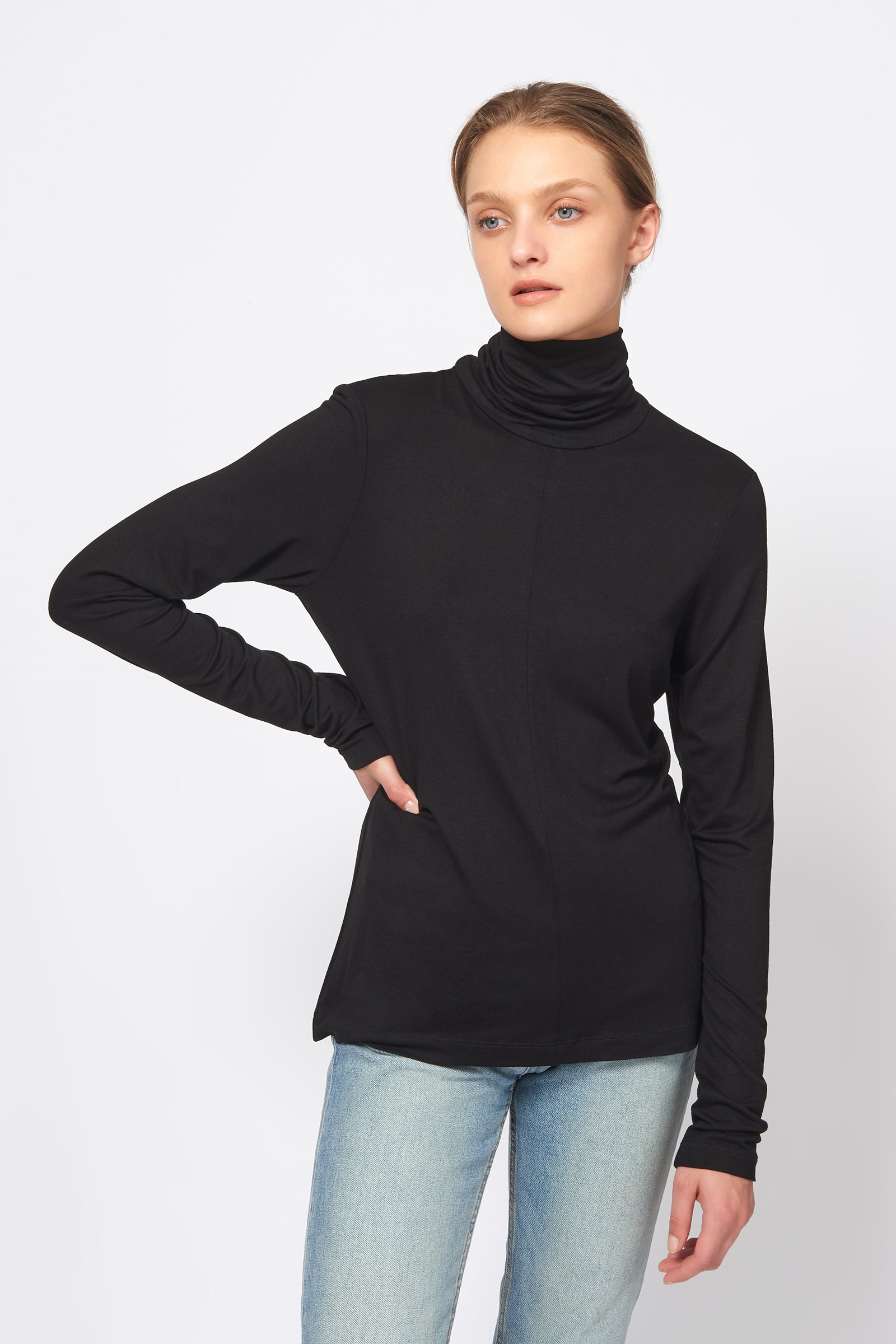 Kal Rieman Seamed Turtleneck in Black on Model Front View
