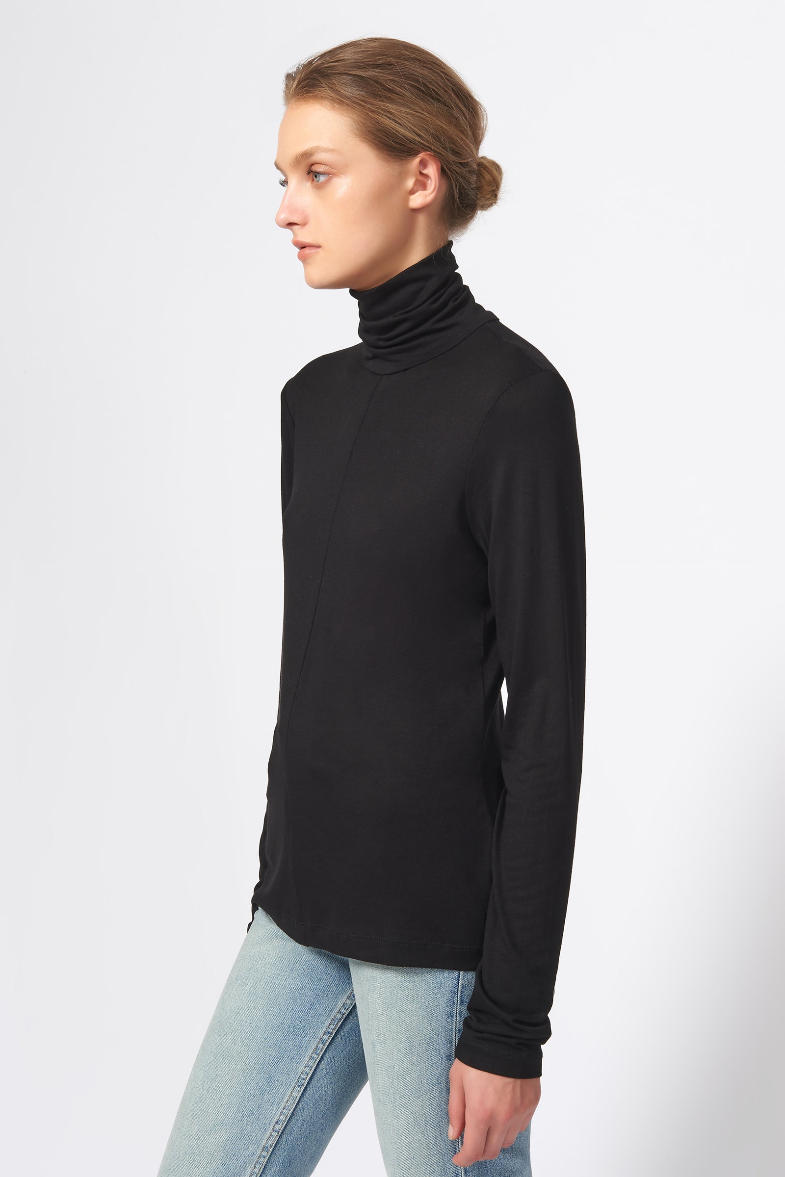 Kal Rieman Seamed Turtleneck in Black on Model Side View