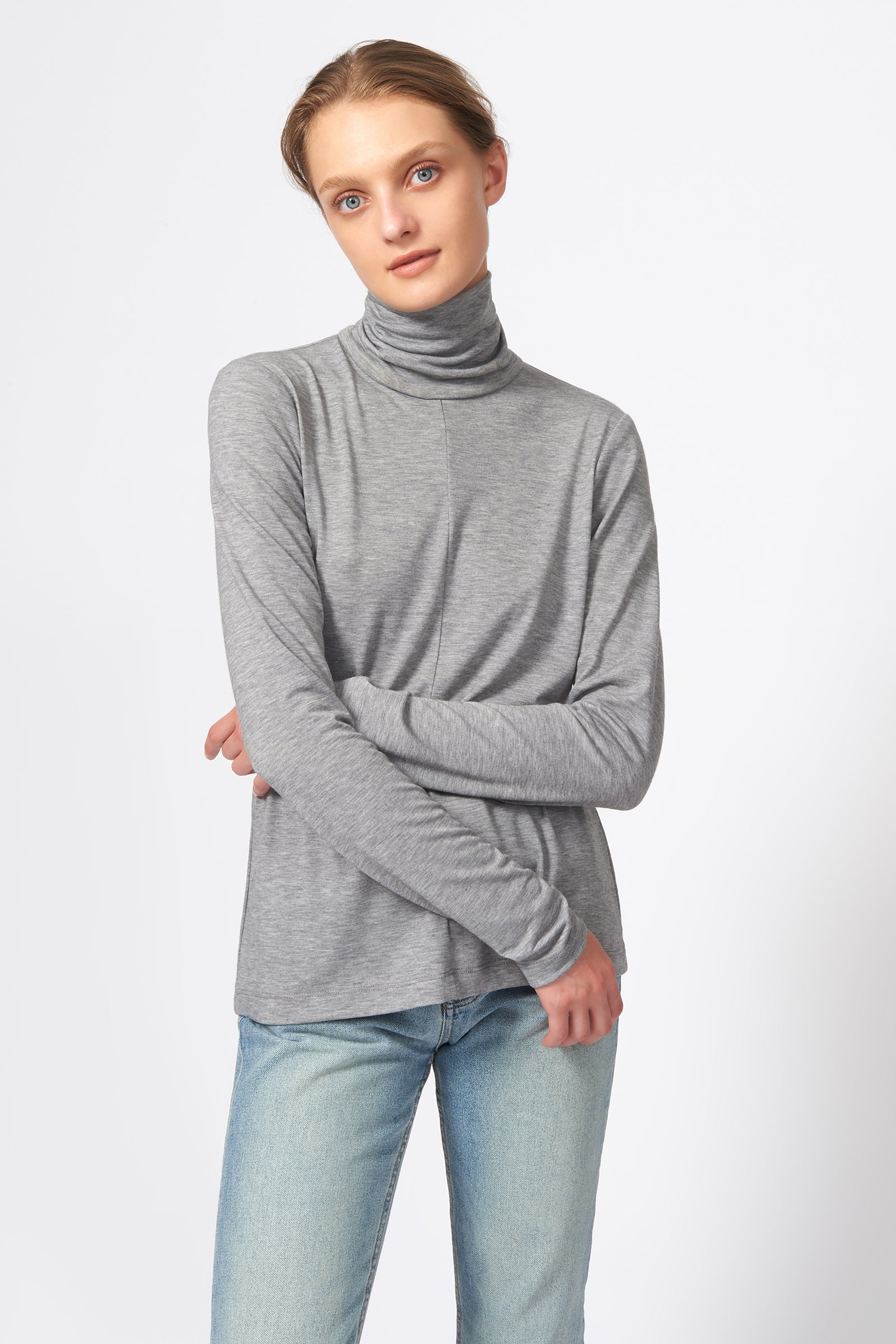Kal Rieman Seamed Turtleneck in Grey on Model Front View